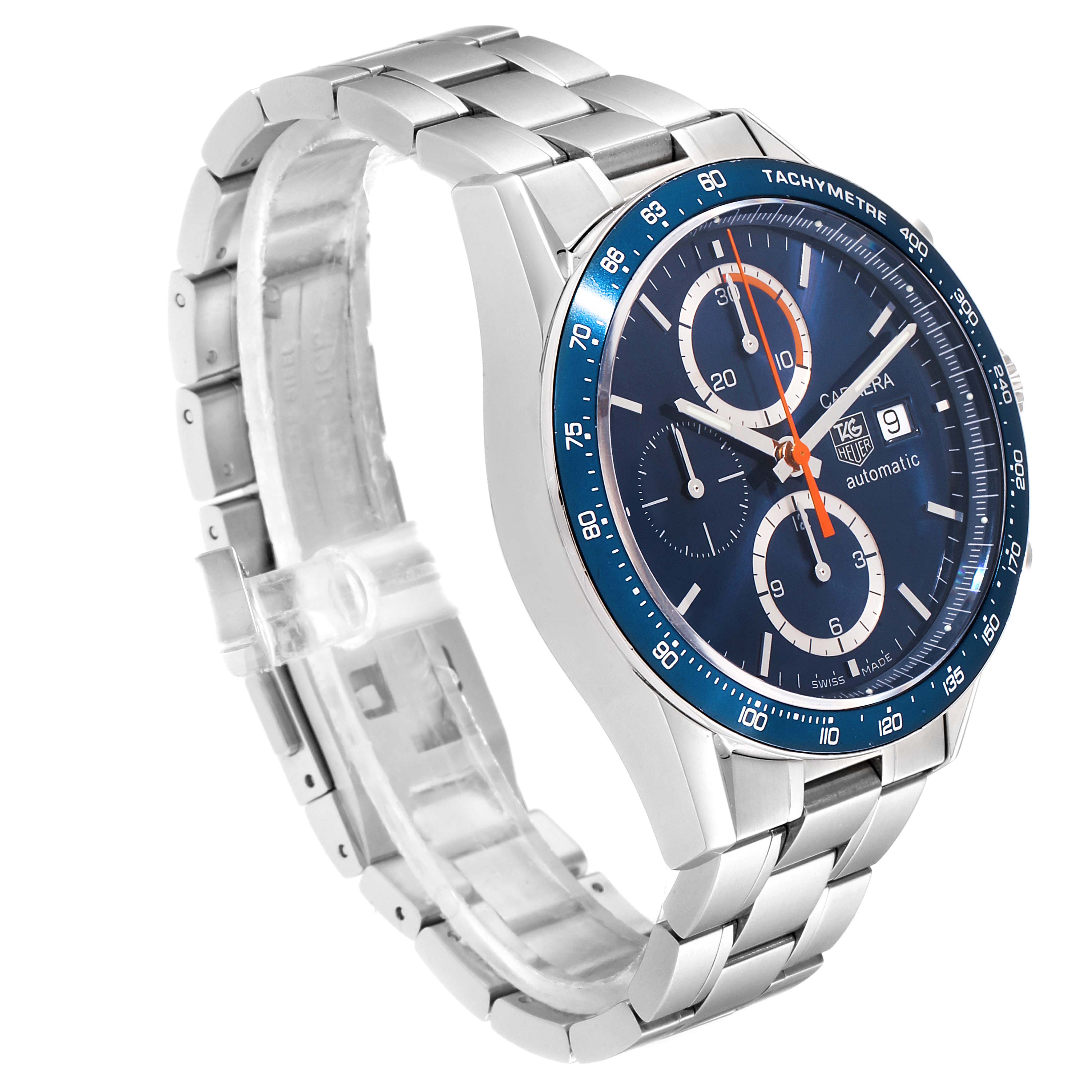 The image shows a side-angle view of the Tag Heuer Carrera CV2A1V.BA0738 Men
s Stainless Steel Blue Dial CV2A1V.BA0738 Men
s Stainless Steel Blue Dial watch, highlighting its blue dial and silver metal bracelet.