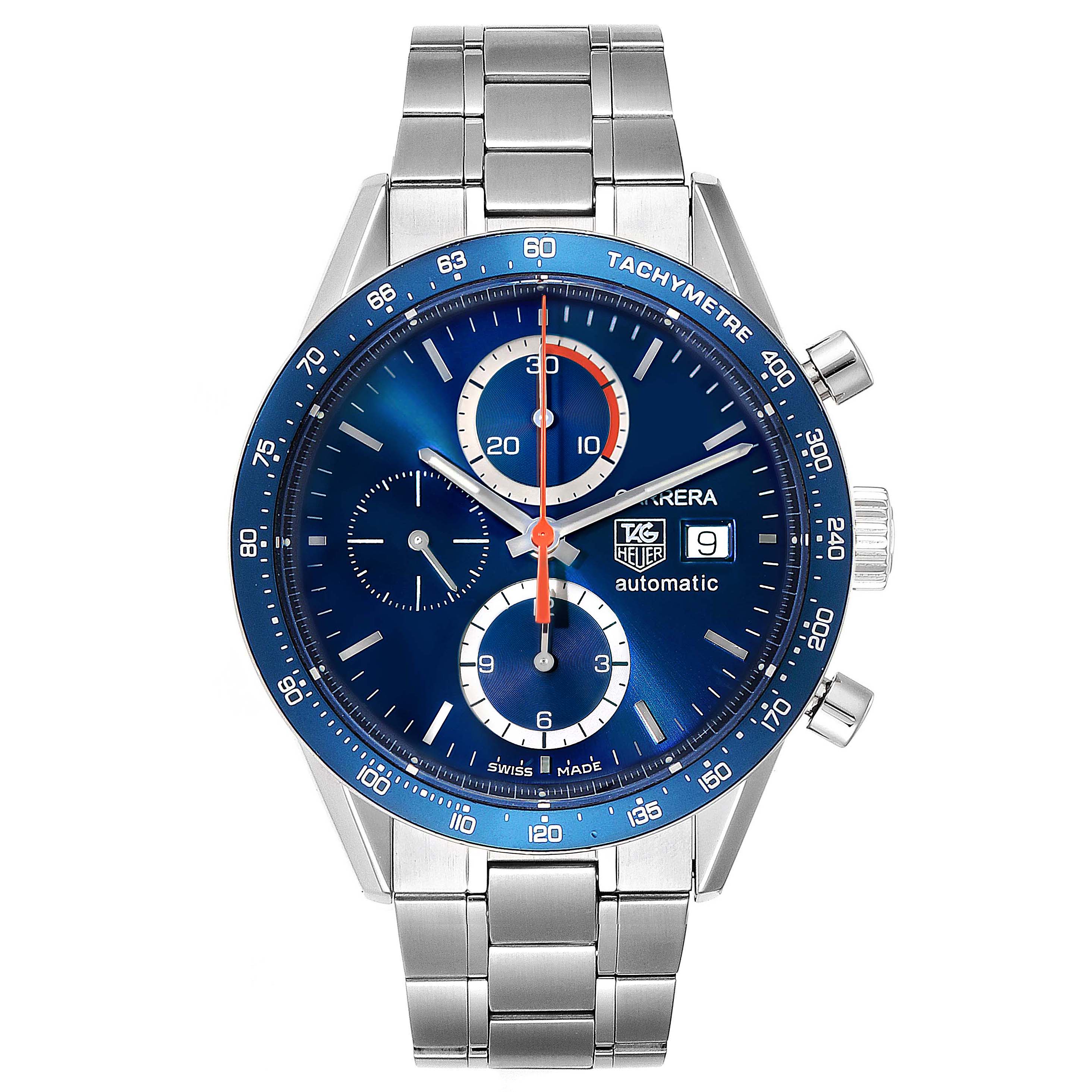 This image shows a front view of the Tag Heuer Carrera CV2A1V.BA0738 Men
s Stainless Steel Blue Dial CV2A1V.BA0738 Men
s Stainless Steel Blue Dial watch, featuring a blue dial with chronograph subdials and a stainless steel bracelet.