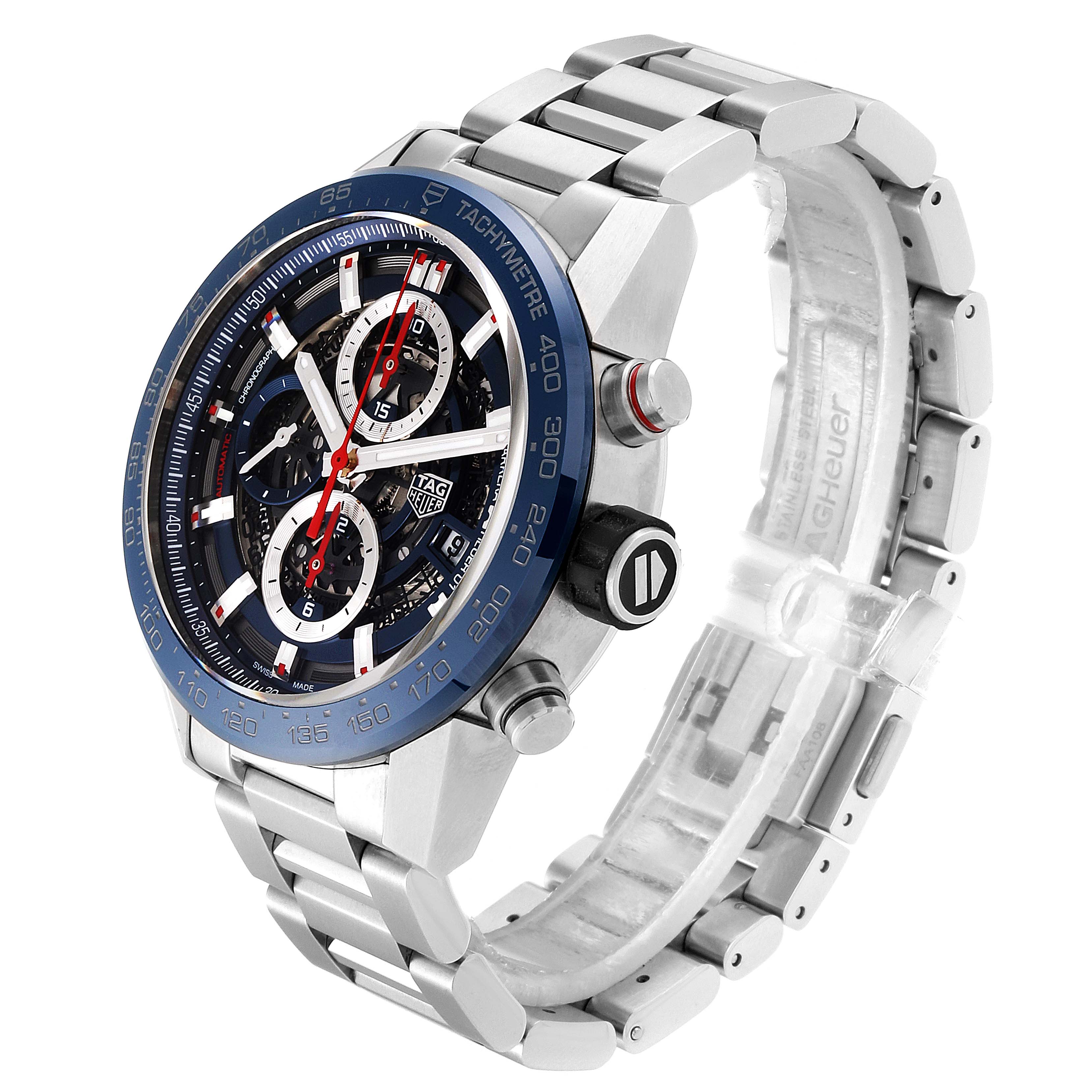 The image shows a Tag Heuer Carrera CAR201T.BA0766 Men's Stainless Steel Blue Dial CAR201T.BA0766 Men's Stainless Steel Blue Dial model watch at an angle highlighting its face, side buttons, and metal bracelet.