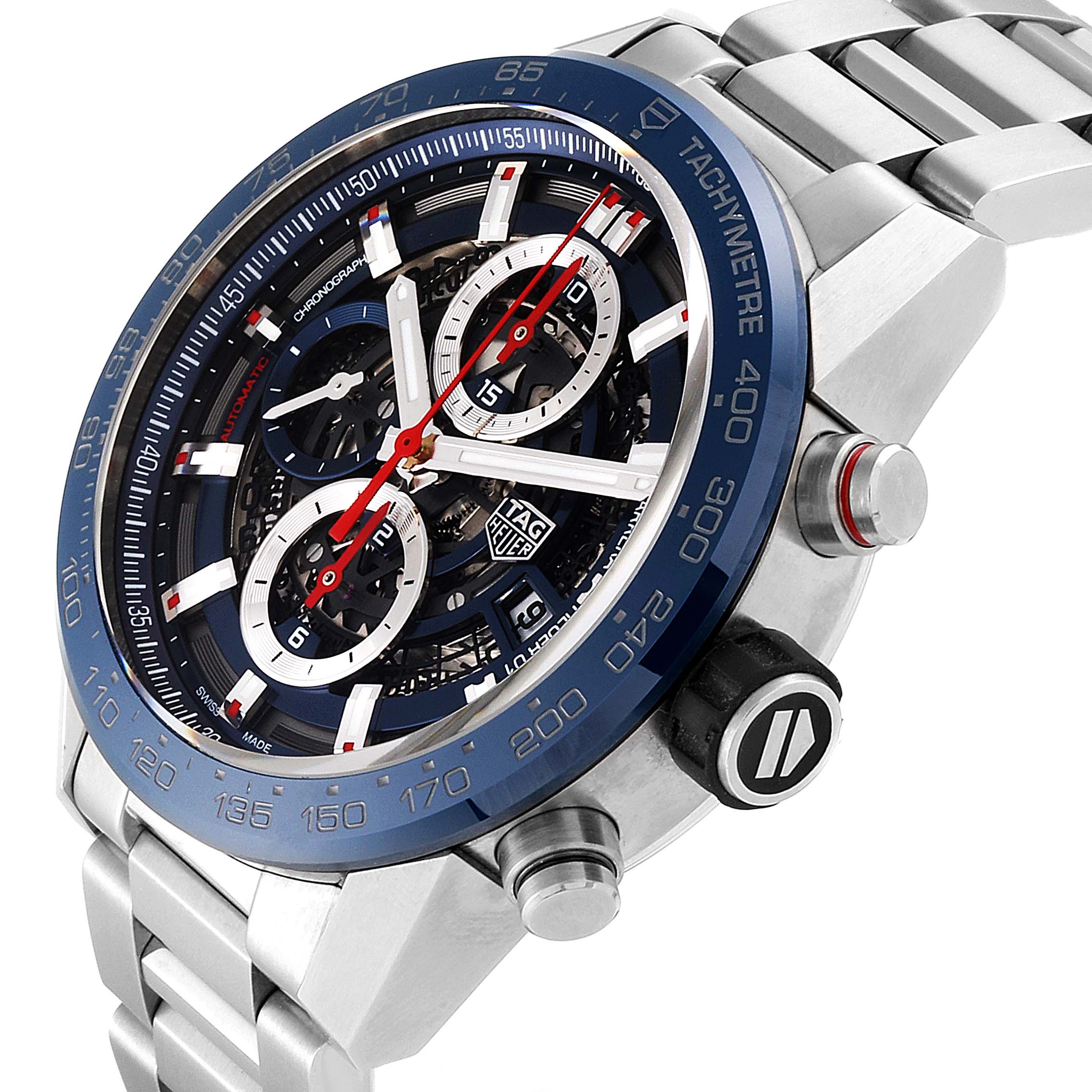 The image shows a close-up angle of the Tag Heuer Carrera CAR201T.BA0766 Men's Stainless Steel Blue Dial CAR201T.BA0766 Men's Stainless Steel Blue Dial watch, highlighting its chronograph dials and tachymetre bezel.