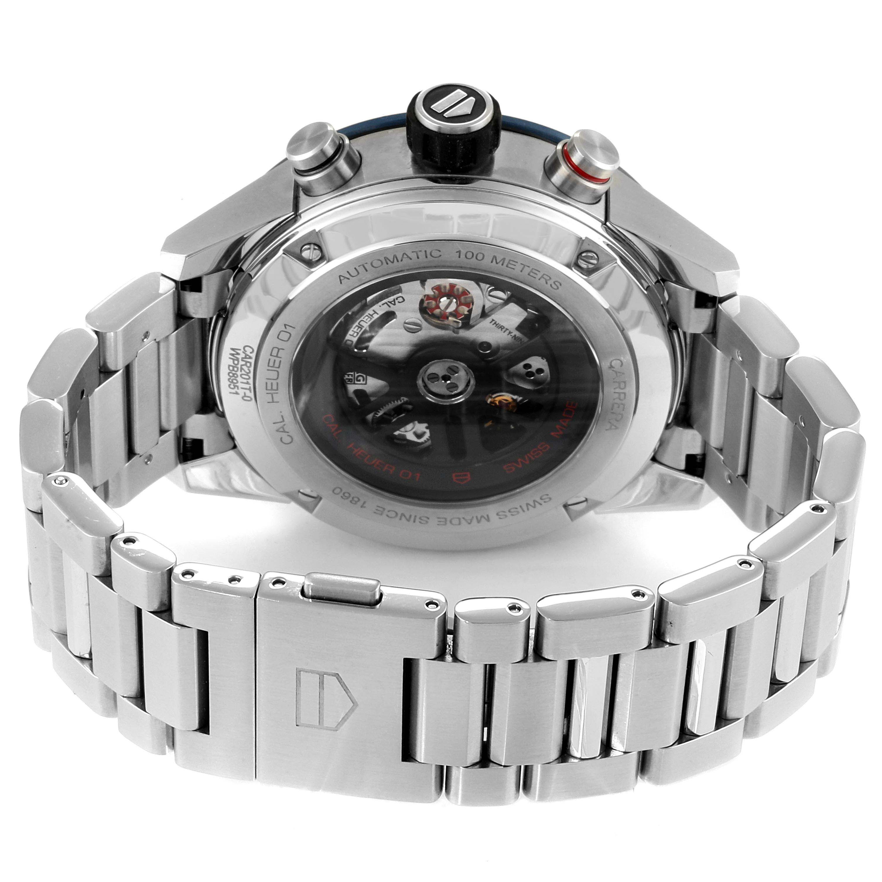 This image shows the back case and stainless steel bracelet of the Tag Heuer Carrera CAR201T.BA0766 Men's Stainless Steel Blue Dial CAR201T.BA0766 Men's Stainless Steel Blue Dial watch, highlighting its automatic movement.