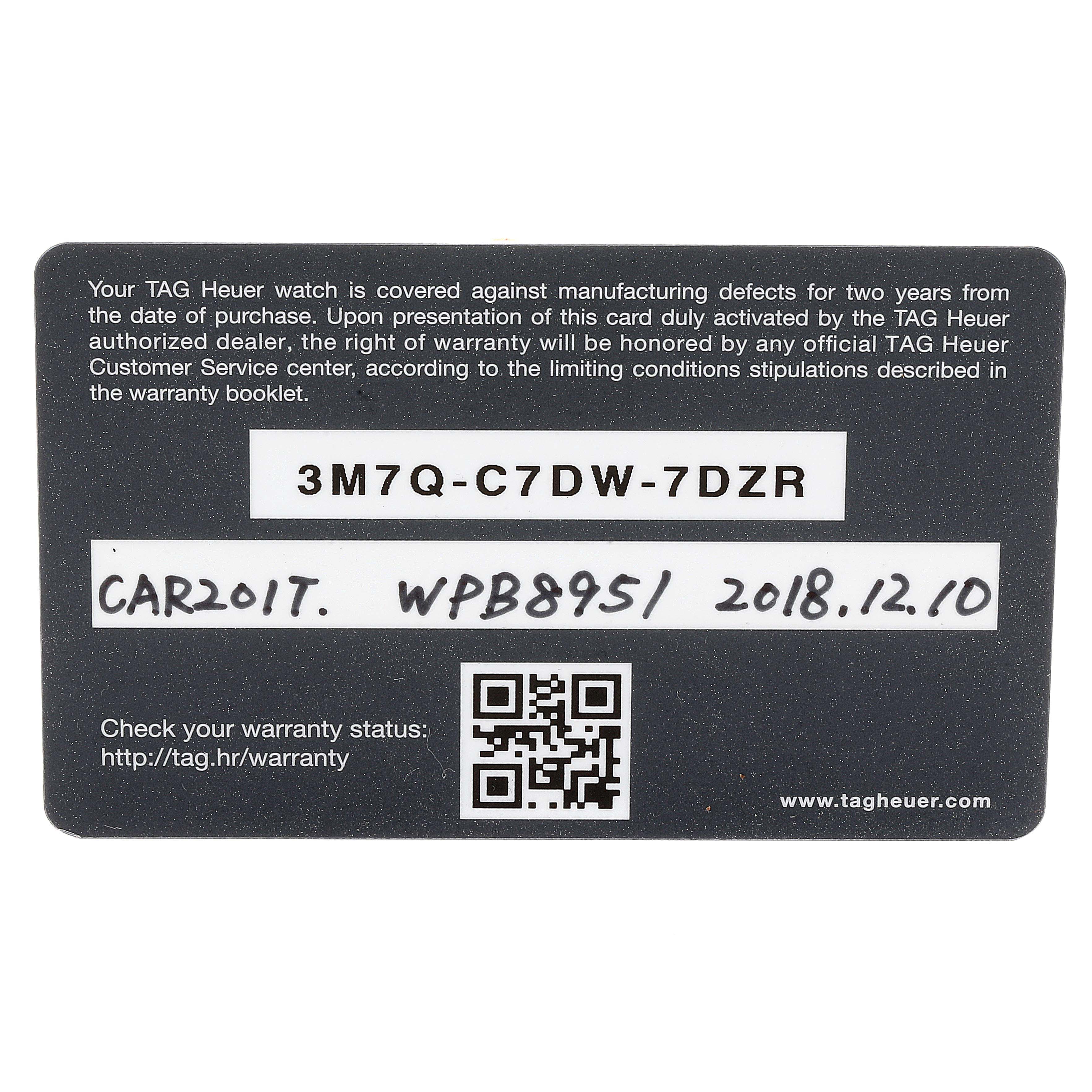 This image shows a warranty card for a Tag Heuer Carrera CAR201T.BA0766 Men's Stainless Steel Blue Dial CAR201T.BA0766 Men's Stainless Steel Blue Dial model watch.