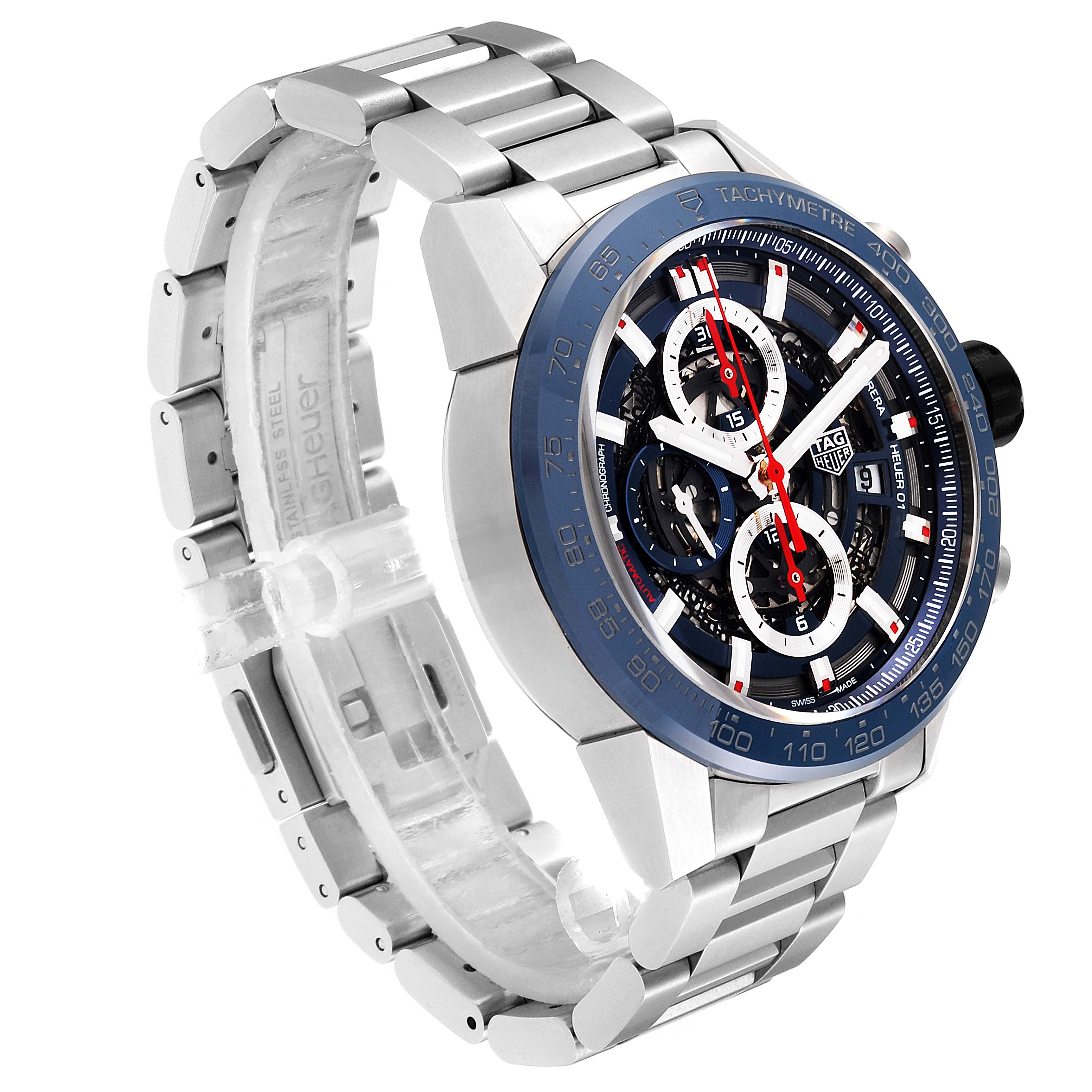 This image shows a three-quarter view of the Tag Heuer Carrera CAR201T.BA0766 Men's Stainless Steel Blue Dial CAR201T.BA0766 Men's Stainless Steel Blue Dial watch, focusing on the face, bezel, and metal bracelet.