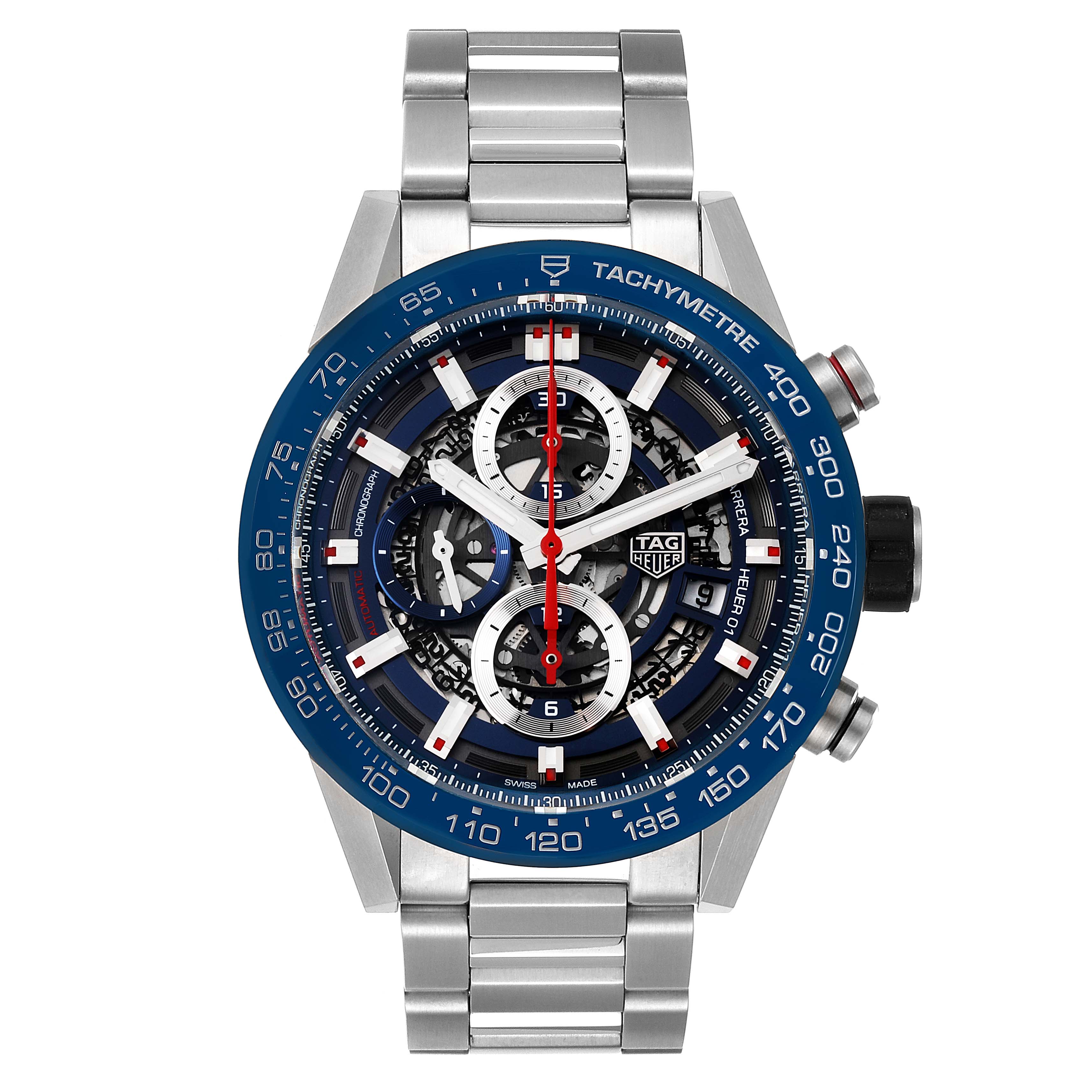The image shows a front view of the Tag Heuer Carrera CAR201T.BA0766 Men's Stainless Steel Blue Dial CAR201T.BA0766 Men's Stainless Steel Blue Dial watch, highlighting its face, dials, and tachymeter bezel.