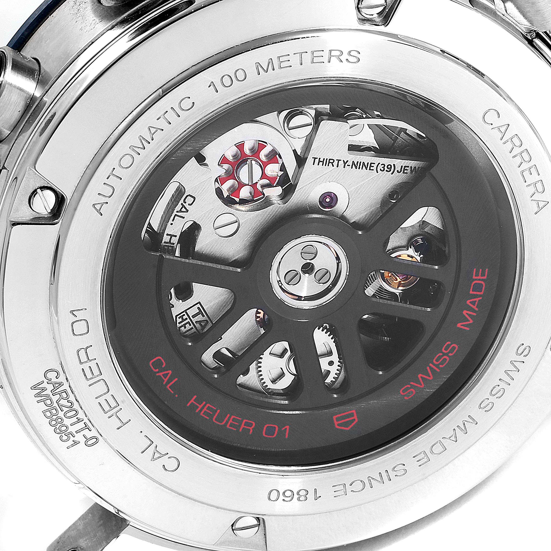 This is the back view of the Tag Heuer Carrera CAR201T.BA0766 Men's Stainless Steel Blue Dial CAR201T.BA0766 Men's Stainless Steel Blue Dial watch, showcasing its automatic movement and internal components.