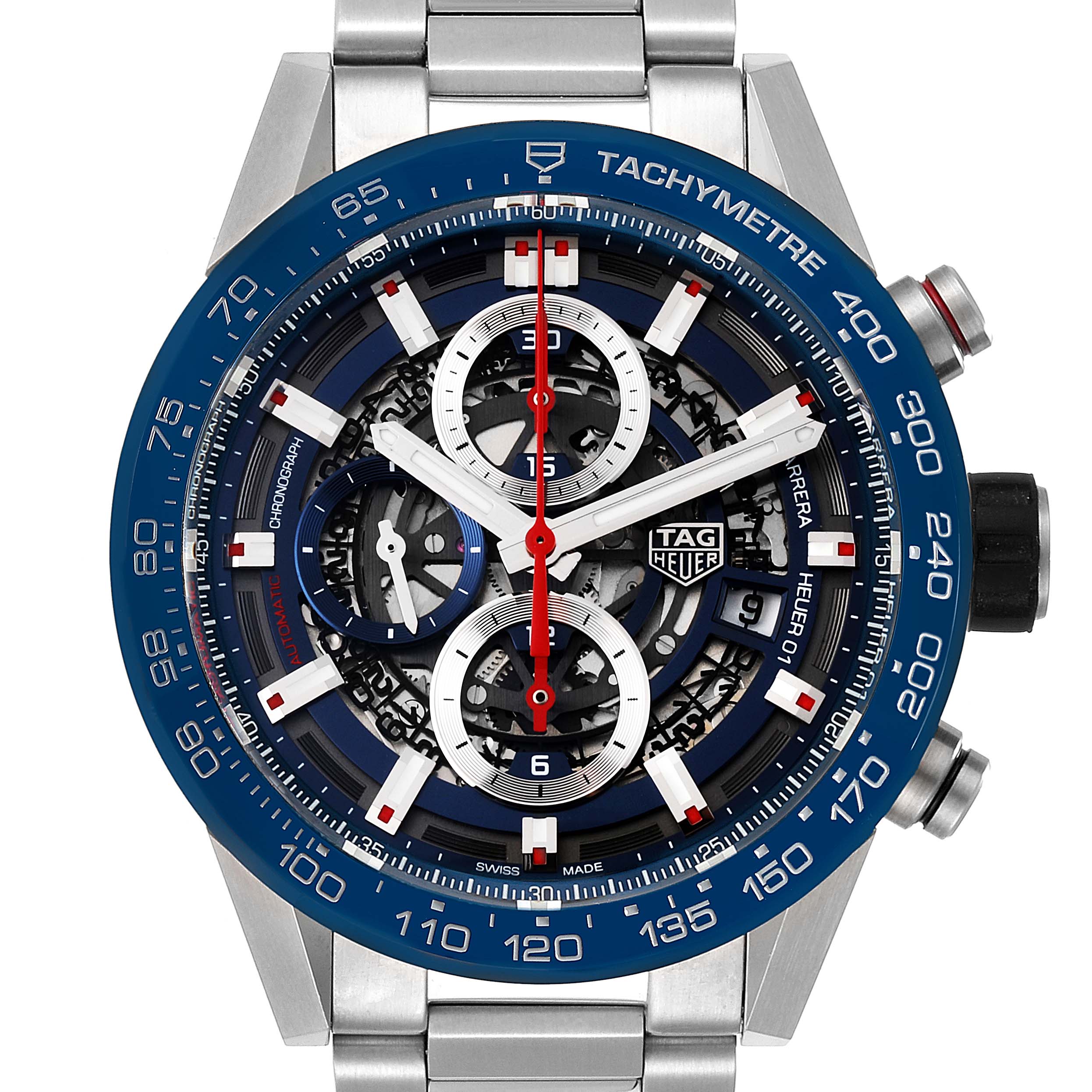 The image shows a close-up, front view of a Tag Heuer Carrera CAR201T.BA0766 Men's Stainless Steel Blue Dial CAR201T.BA0766 Men's Stainless Steel Blue Dial watch with detailed subdials and a tachymeter bezel.
