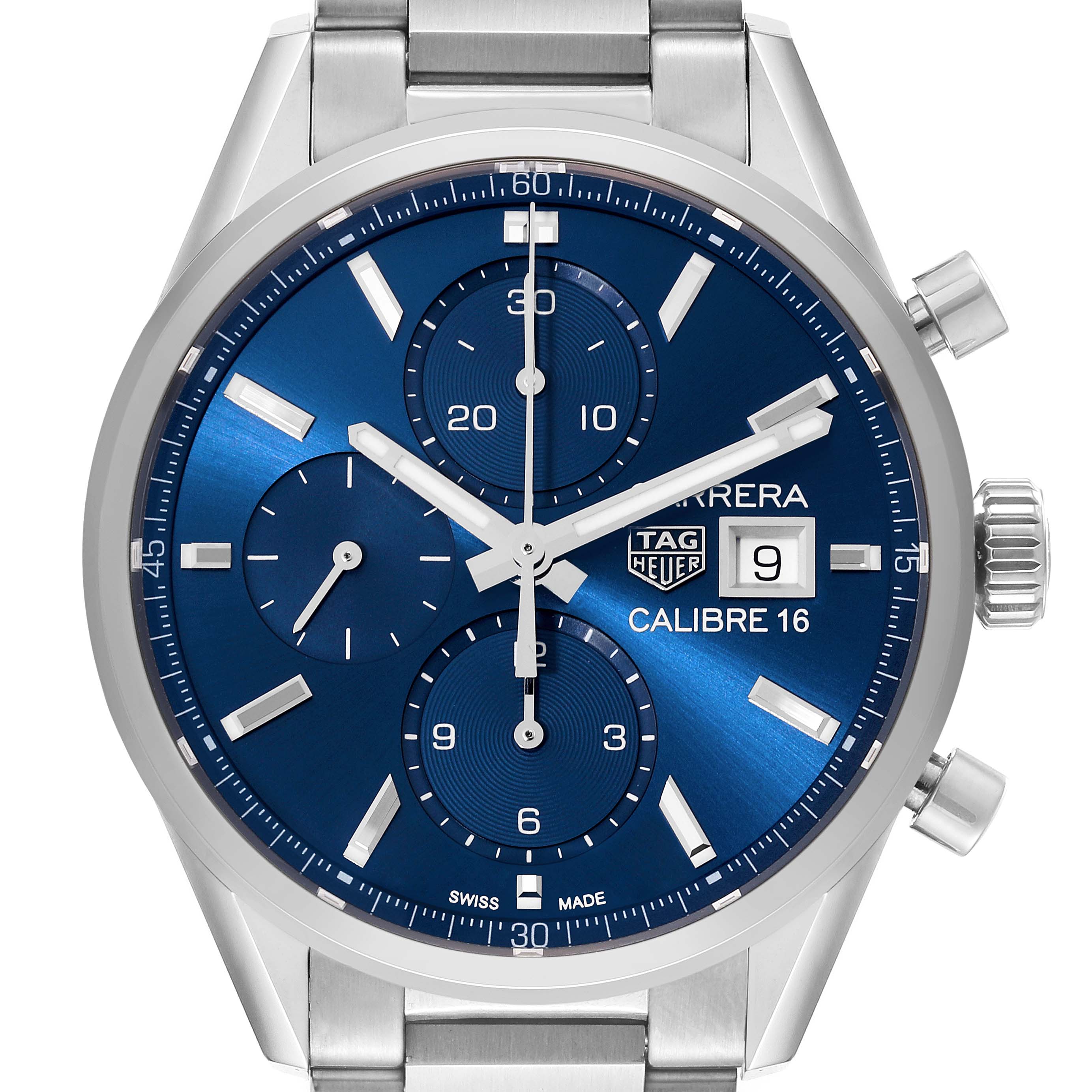 This image shows a frontal view of a Tag Heuer Carrera CBK2112.BA0715 Men's Stainless Steel Blue Dial CBK2112.BA0715 Men's Stainless Steel Blue Dial Calibre 16 watch with its blue dial and metal band clearly visible.
