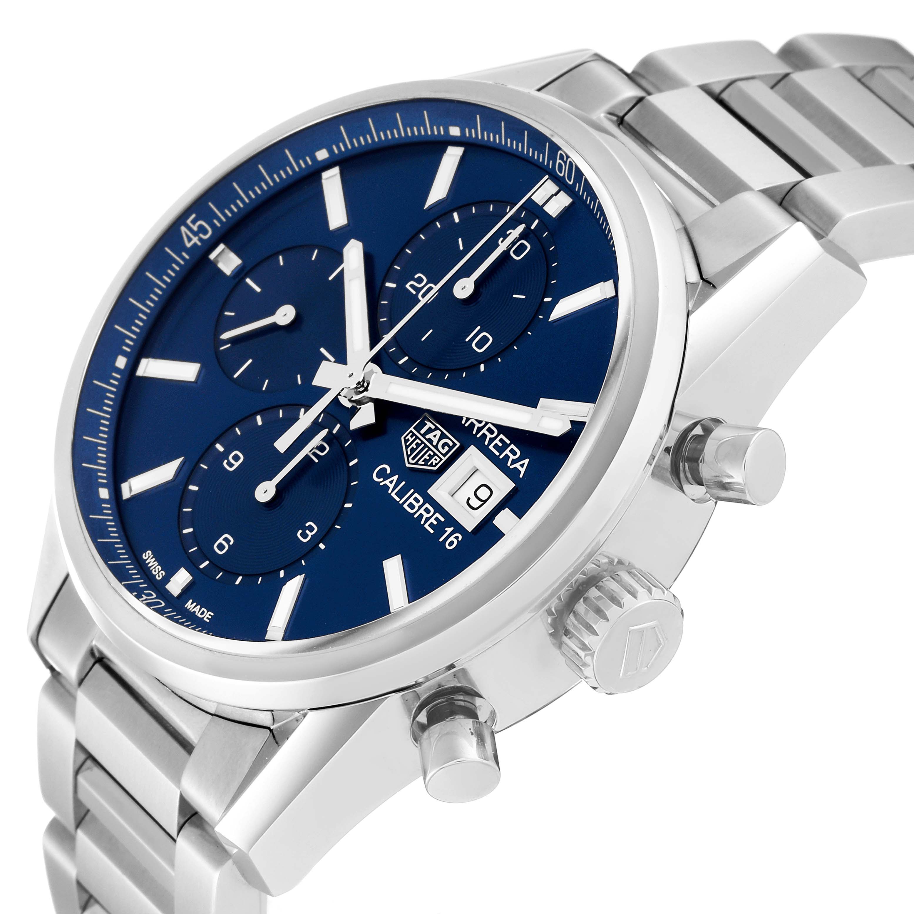 This image shows a close-up, angled view of the Tag Heuer Carrera CBK2112.BA0715 Men's Stainless Steel Blue Dial CBK2112.BA0715 Men's Stainless Steel Blue Dial watch with a blue dial and stainless steel bracelet.