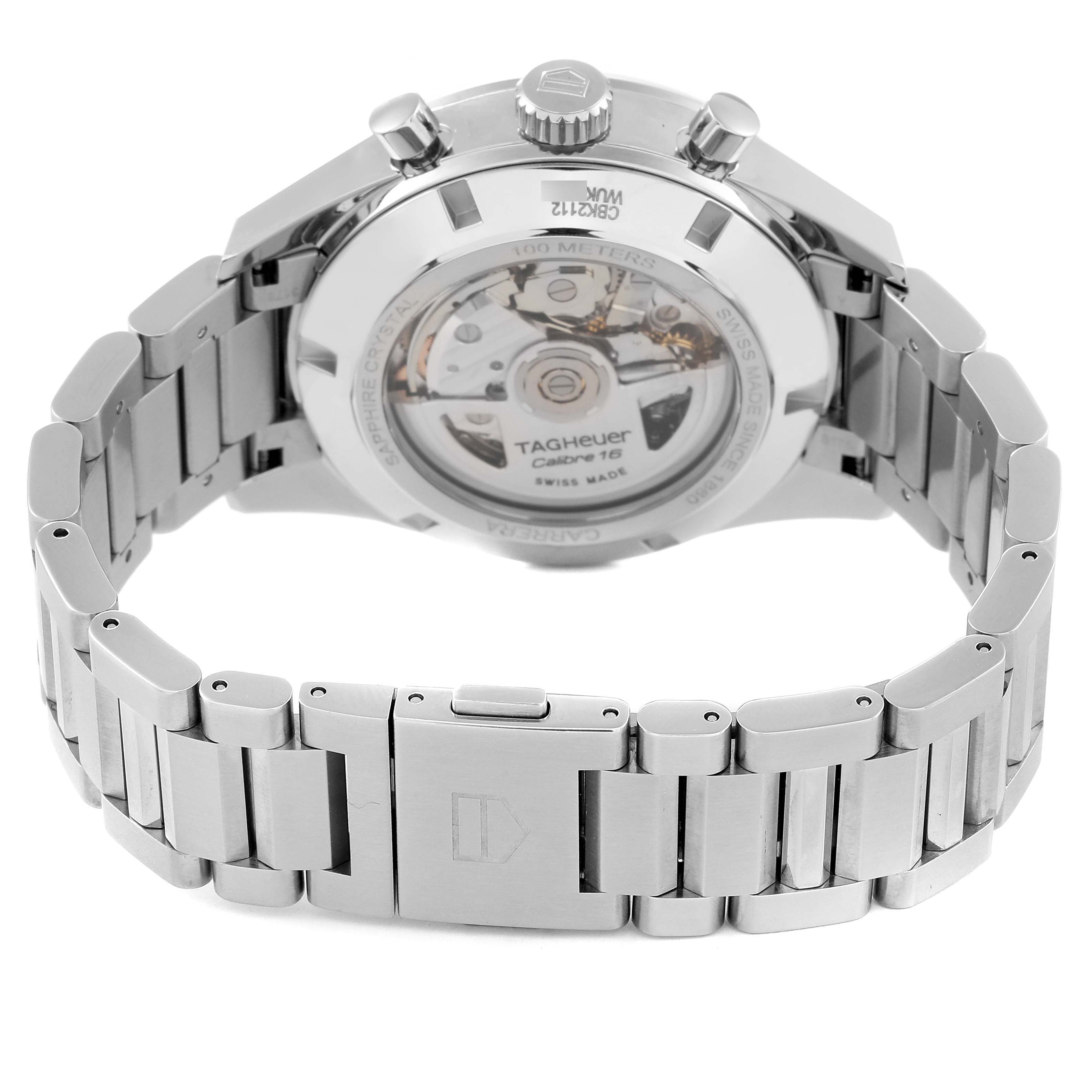 The image shows the back view of a Tag Heuer Carrera CBK2112.BA0715 Men's Stainless Steel Blue Dial CBK2112.BA0715 Men's Stainless Steel Blue Dial watch, highlighting the bracelet and the transparent case back.