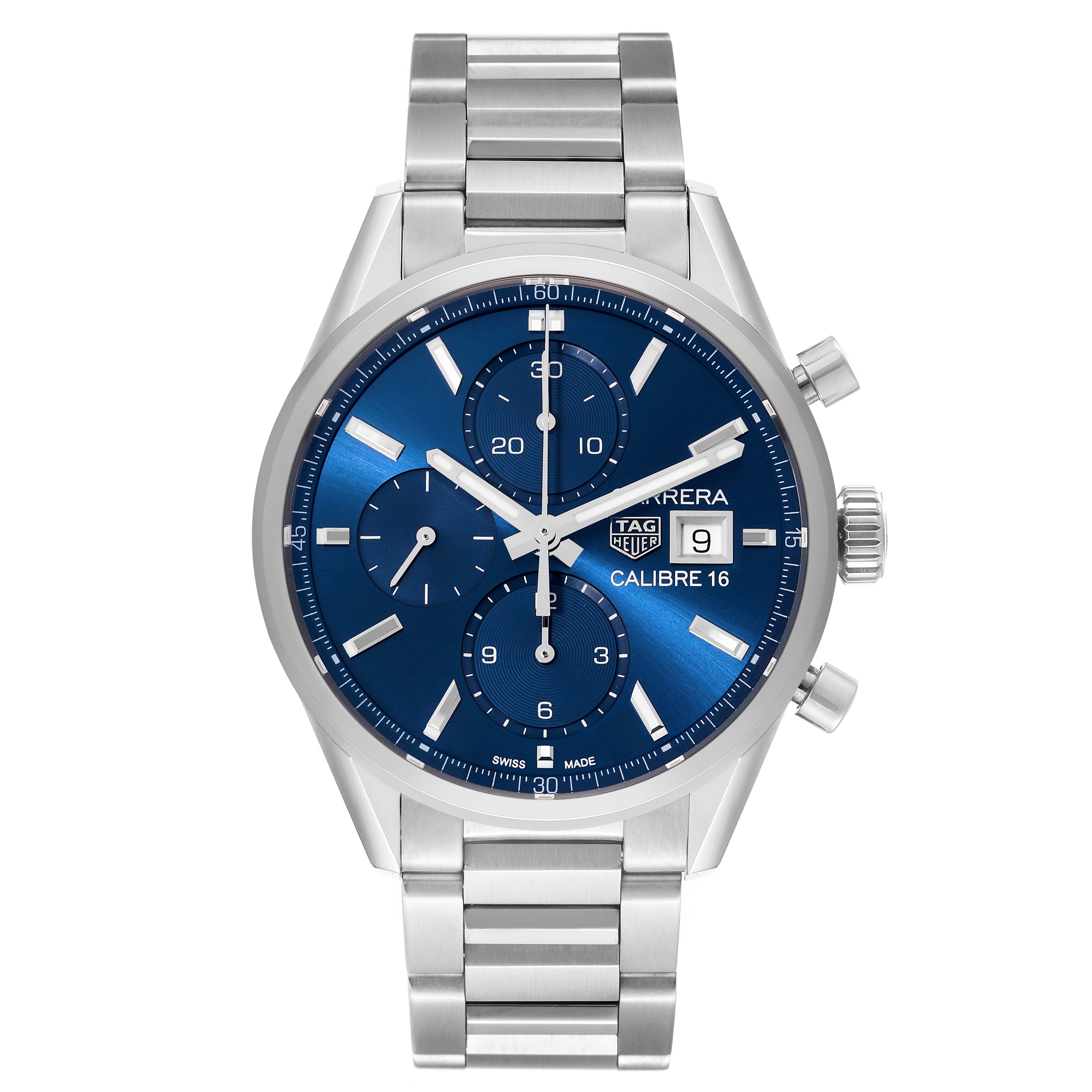 This image shows a straight-on view of the Tag Heuer Carrera CBK2112.BA0715 Men's Stainless Steel Blue Dial CBK2112.BA0715 Men's Stainless Steel Blue Dial watch, displaying its blue dial, chronograph sub-dials, date window, and metal bracelet.