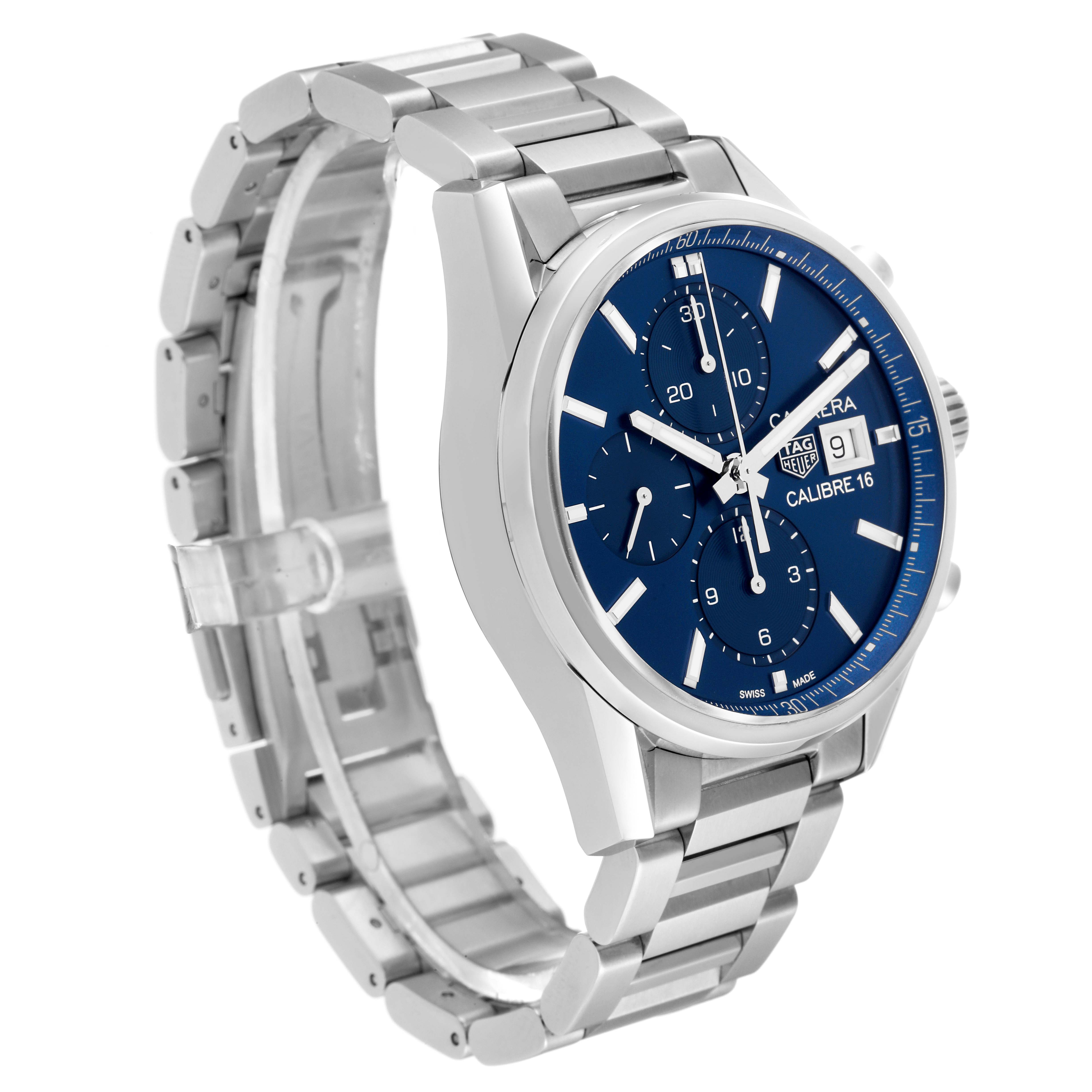 The Tag Heuer Carrera CBK2112.BA0715 Men's Stainless Steel Blue Dial CBK2112.BA0715 Men's Stainless Steel Blue Dial watch is shown at an angle highlighting the blue dial, chronograph subdials, and stainless steel bracelet.