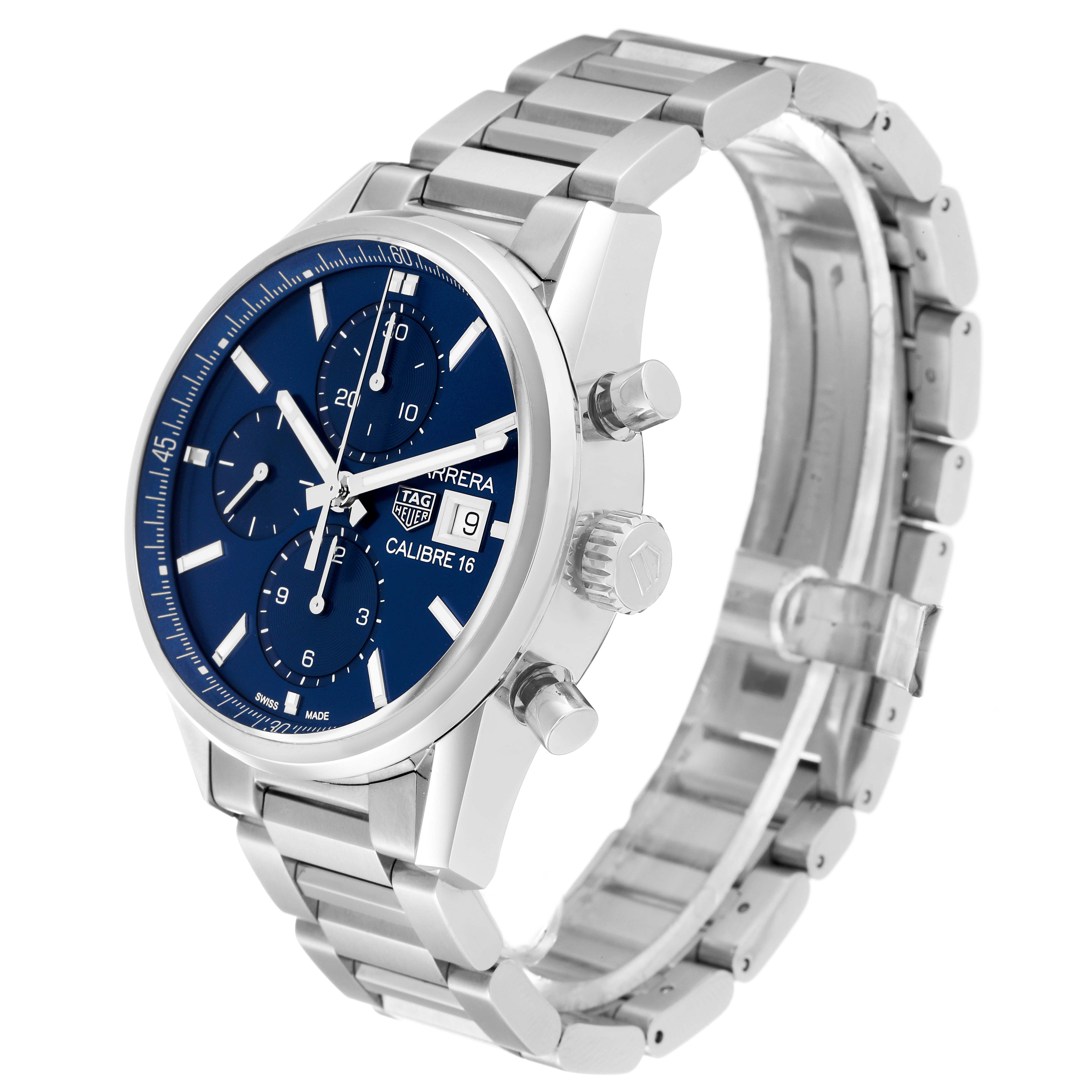 The Tag Heuer Carrera CBK2112.BA0715 Men's Stainless Steel Blue Dial CBK2112.BA0715 Men's Stainless Steel Blue Dial watch is shown at a three-quarter angle, displaying the dial, side buttons, and metal bracelet.