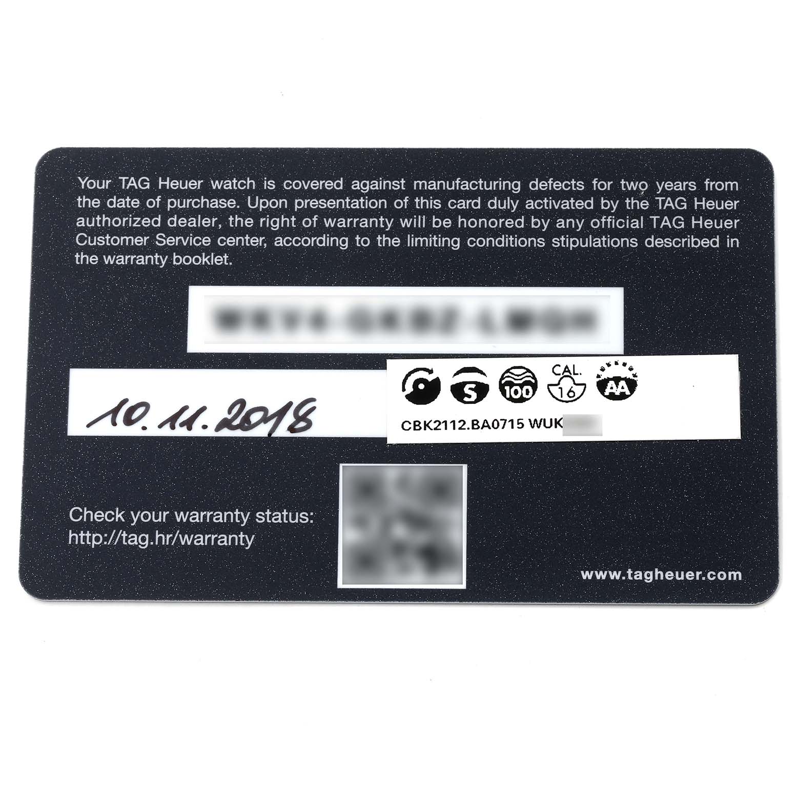 The image shows the warranty card for a Tag Heuer Carrera CBK2112.BA0715 Men's Stainless Steel Blue Dial CBK2112.BA0715 Men's Stainless Steel Blue Dial model watch, displaying purchase date, model number, and serial number.