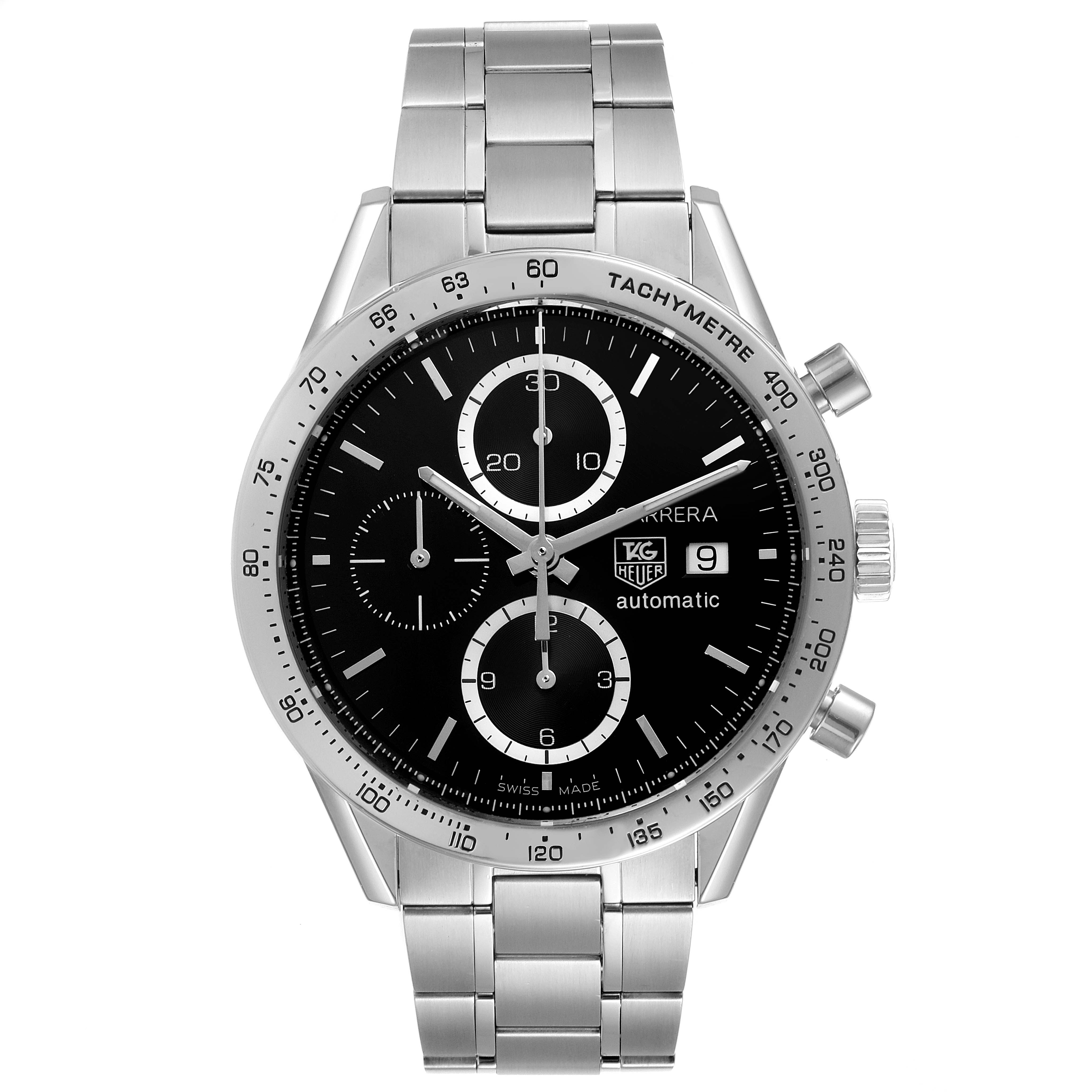 This image shows a Tag Heuer Carrera CV2016 Men
s Stainless Steel Black Dial CV2016 Men
s Stainless Steel Black Dial watch from a front view, highlighting its dial, bezel, and metal bracelet.