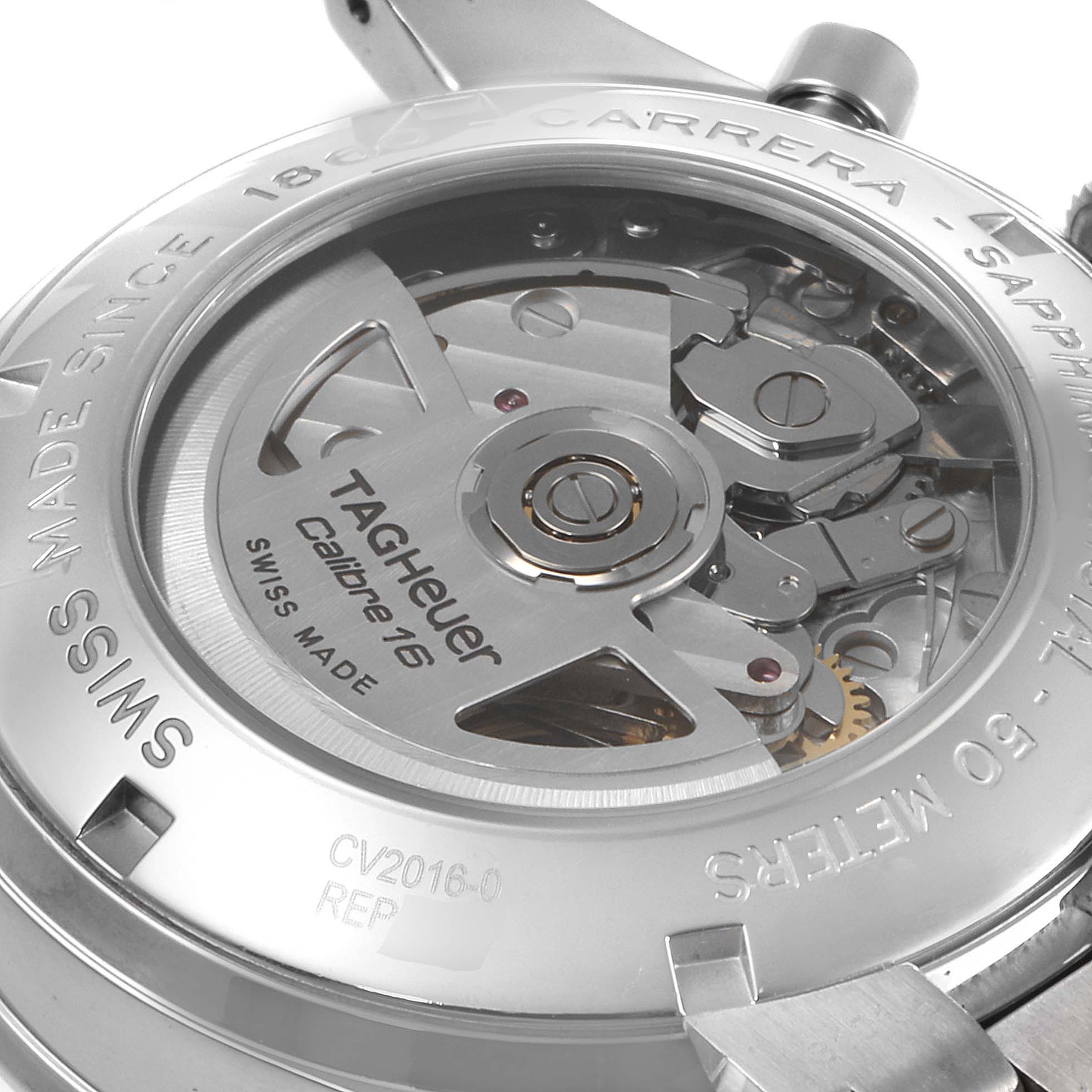 The image shows the back of a Tag Heuer Carrera CV2016 Men
s Stainless Steel Black Dial CV2016 Men
s Stainless Steel Black Dial watch, revealing its Calibre 16 movement through a transparent case back.