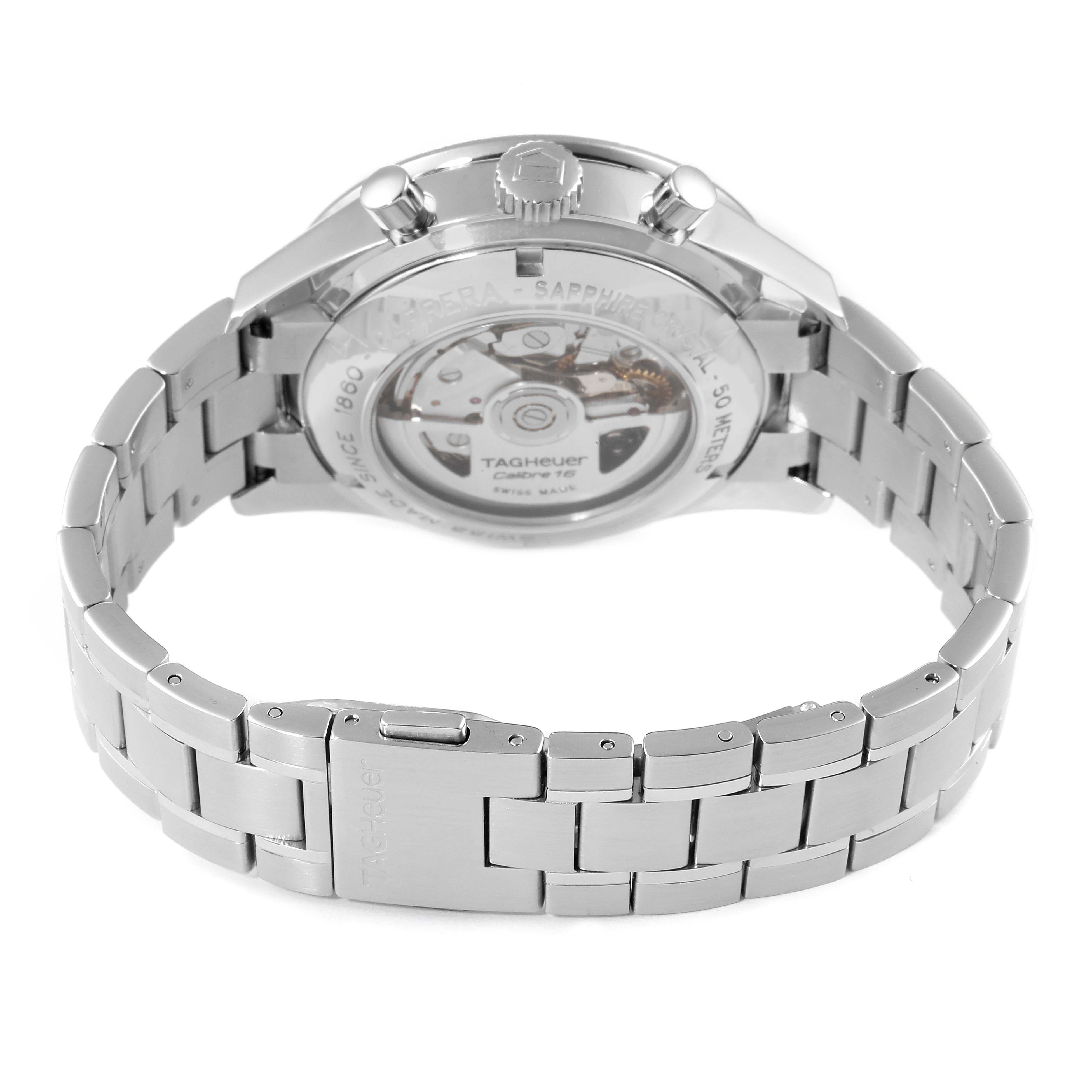 The image shows the back of a Tag Heuer Carrera CV2016 Men
s Stainless Steel Black Dial CV2016 Men
s Stainless Steel Black Dial watch, highlighting its metallic bracelet and the transparent case back revealing the movement.