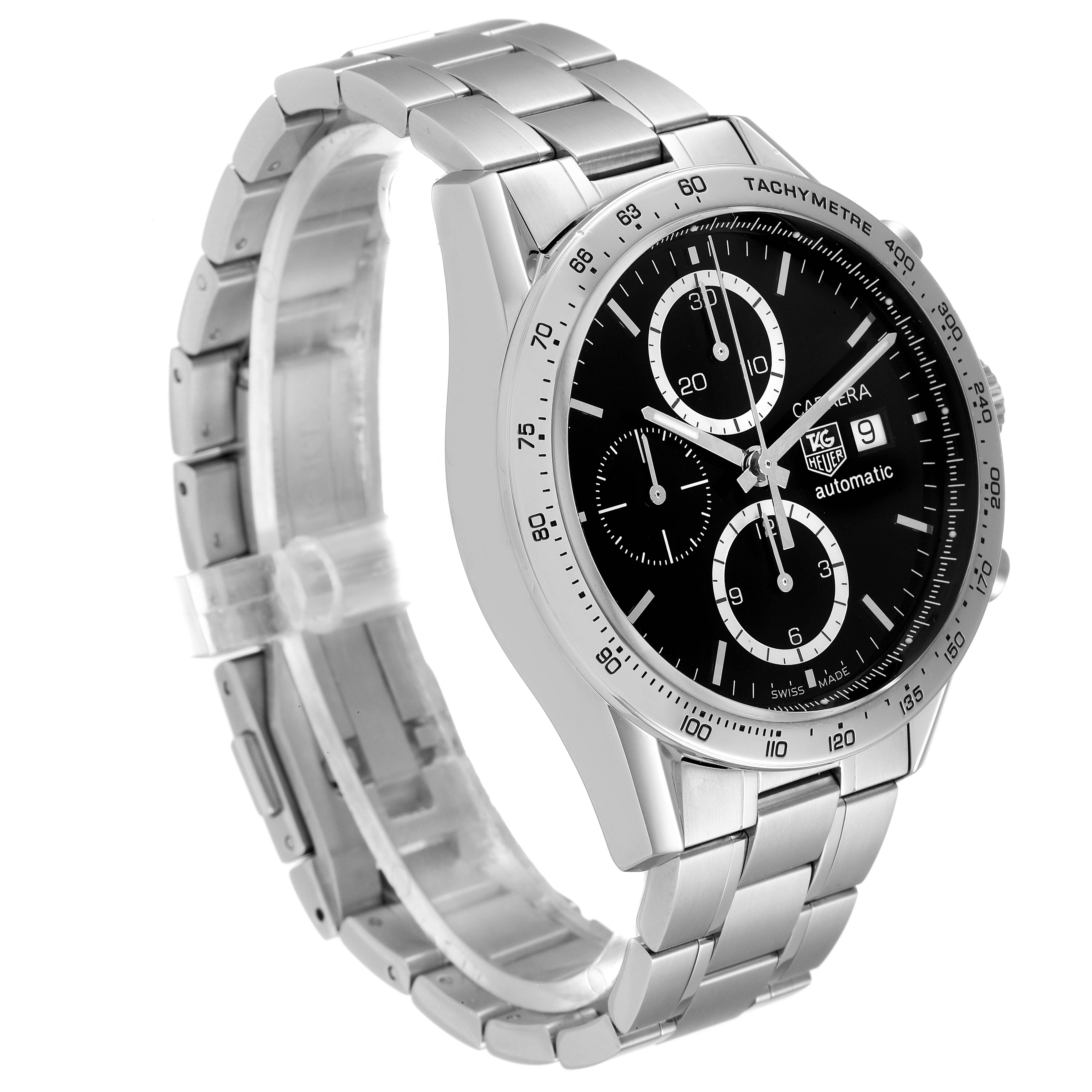 The Tag Heuer Carrera CV2016 Men
s Stainless Steel Black Dial CV2016 Men
s Stainless Steel Black Dial watch is shown at a three-quarter angle, highlighting its silver bracelet, black dial, and chronograph features.