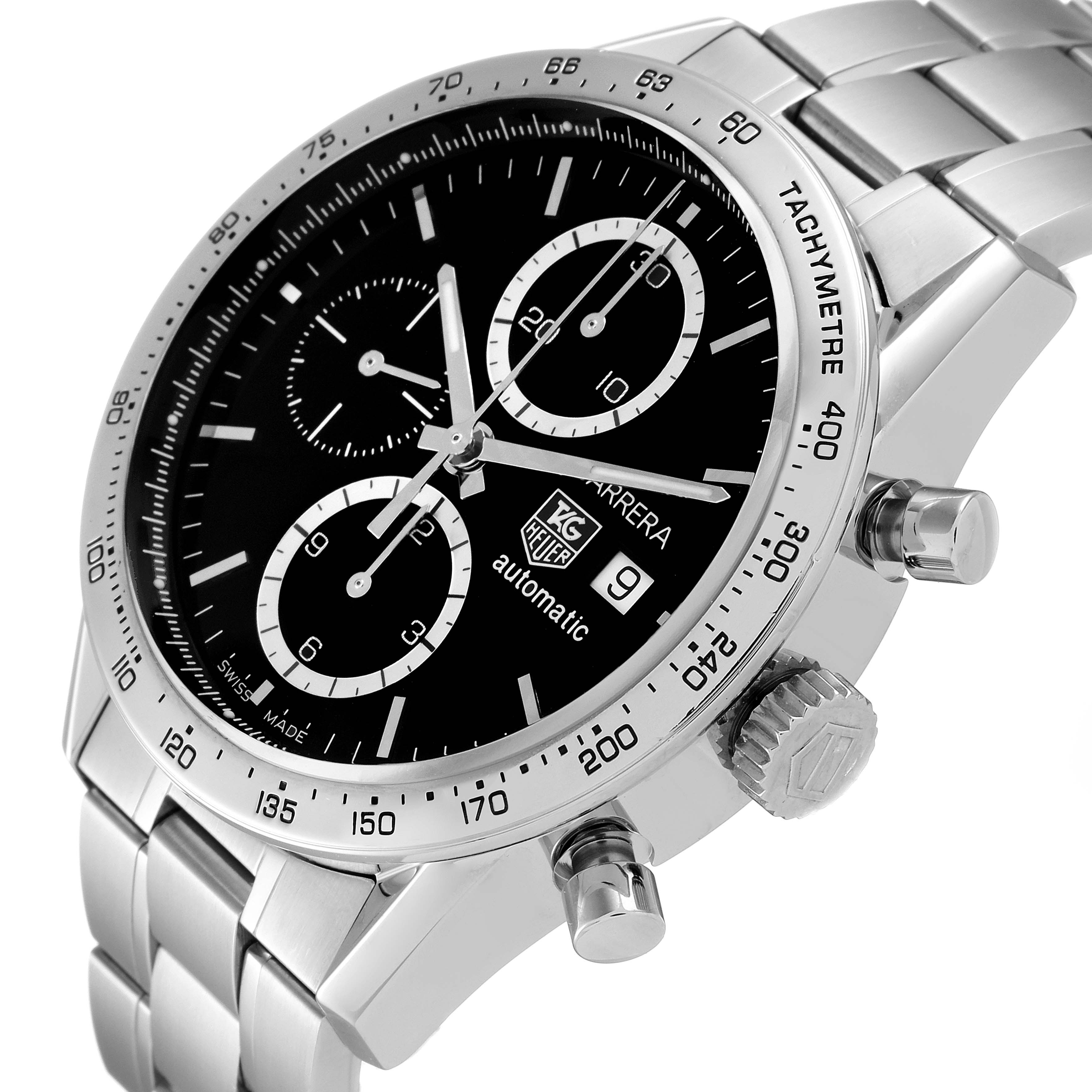 The Tag Heuer Carrera CV2016 Men
s Stainless Steel Black Dial CV2016 Men
s Stainless Steel Black Dial watch is shown at a slight side angle, highlighting the dial, bezel, and metal bracelet.