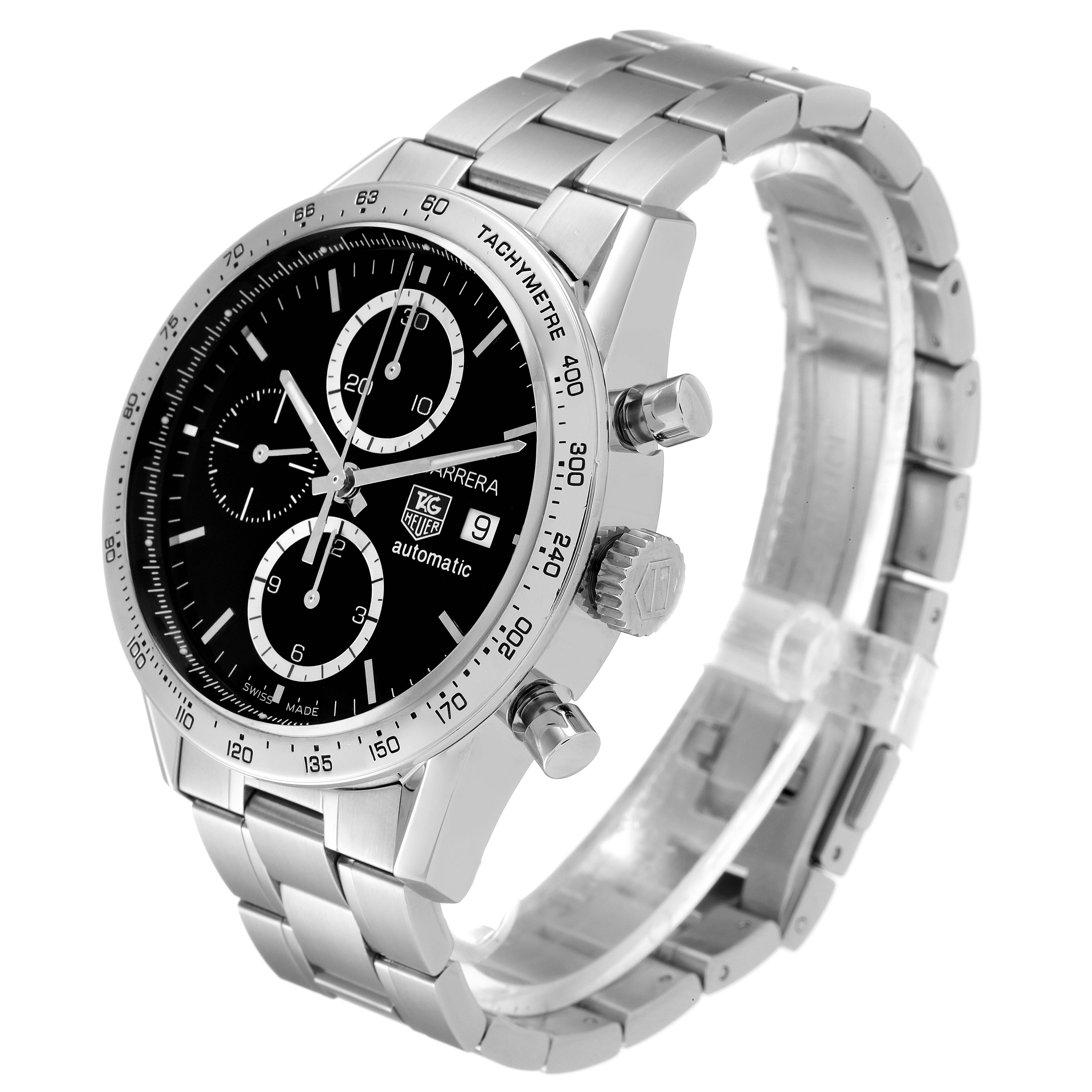 The Tag Heuer Carrera CV2016 Men
s Stainless Steel Black Dial CV2016 Men
s Stainless Steel Black Dial watch is shown from a three-quarter angle, displaying its black dial, three subdials, crown, pushers, and stainless steel bracelet.