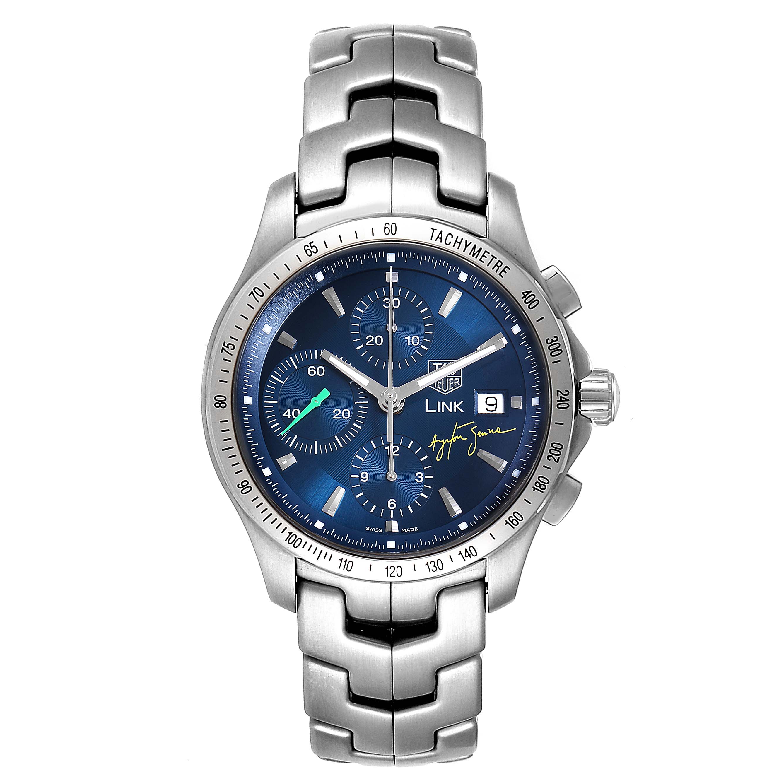 The image shows the full frontal view of the Tag Heuer Limited Edition CJF2113.BA0576 Men
s Stainless Steel Blue Dial CJF2113.BA0576 Men
s Stainless Steel Blue Dial Link model watch, displaying its dial, bezel, and bracelet.