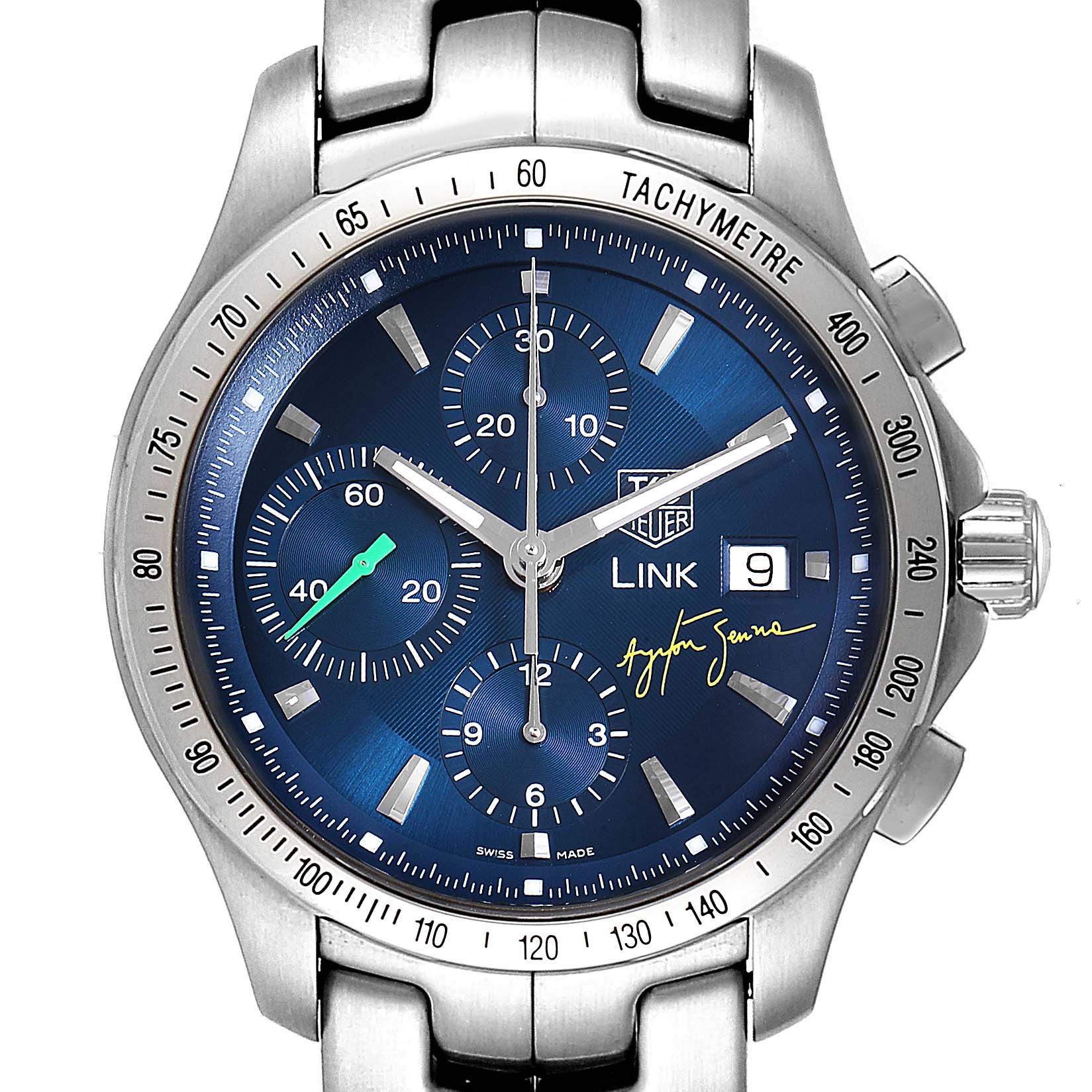 This image shows the front view of a Tag Heuer Limited Edition CJF2113.BA0576 Men
s Stainless Steel Blue Dial CJF2113.BA0576 Men
s Stainless Steel Blue Dial Link model watch, highlighting the dial, subdials, and tachymeter scale.
