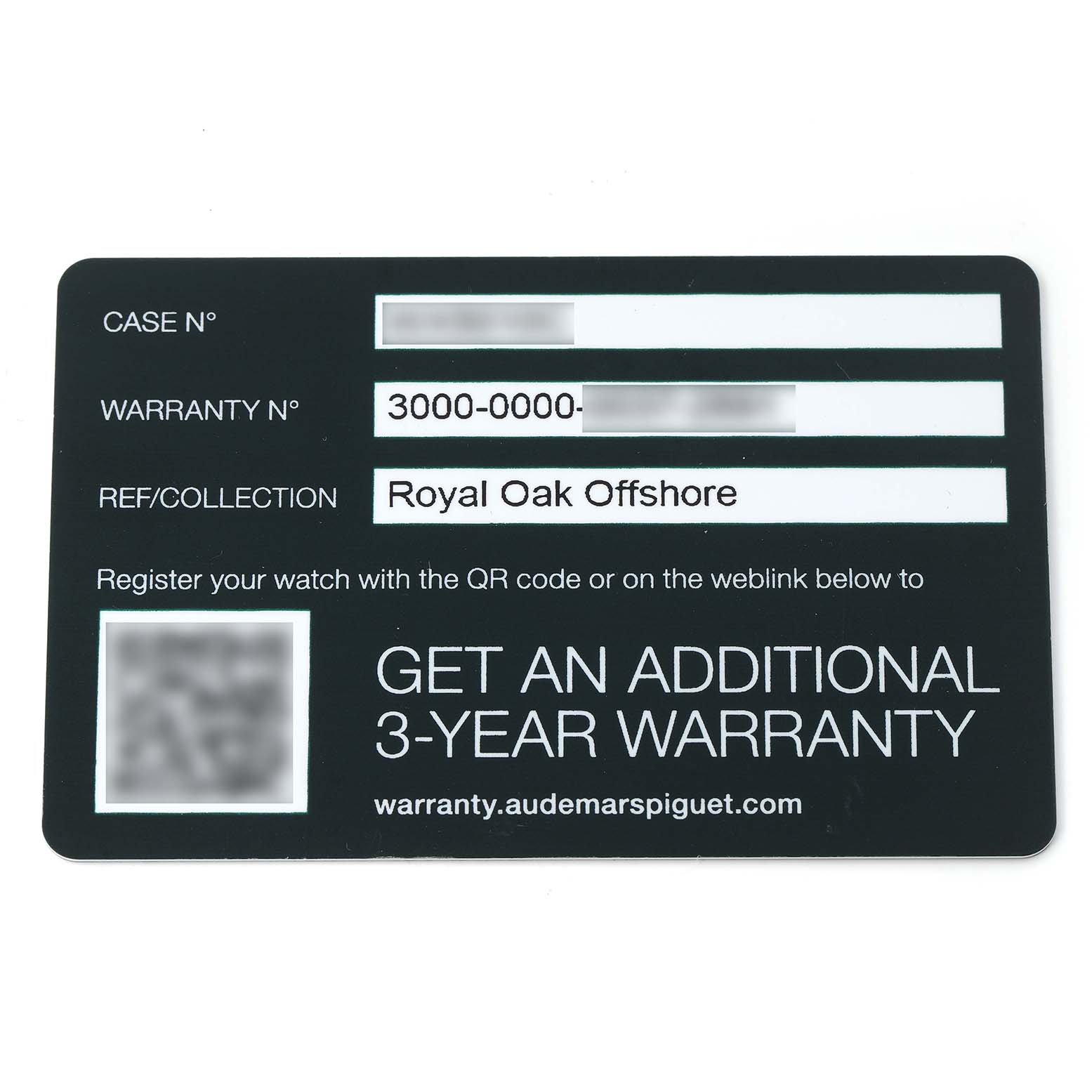 The image shows a warranty card for the Royal Oak Offshore by Audemars Piguet, detailing warranty and collection information.
