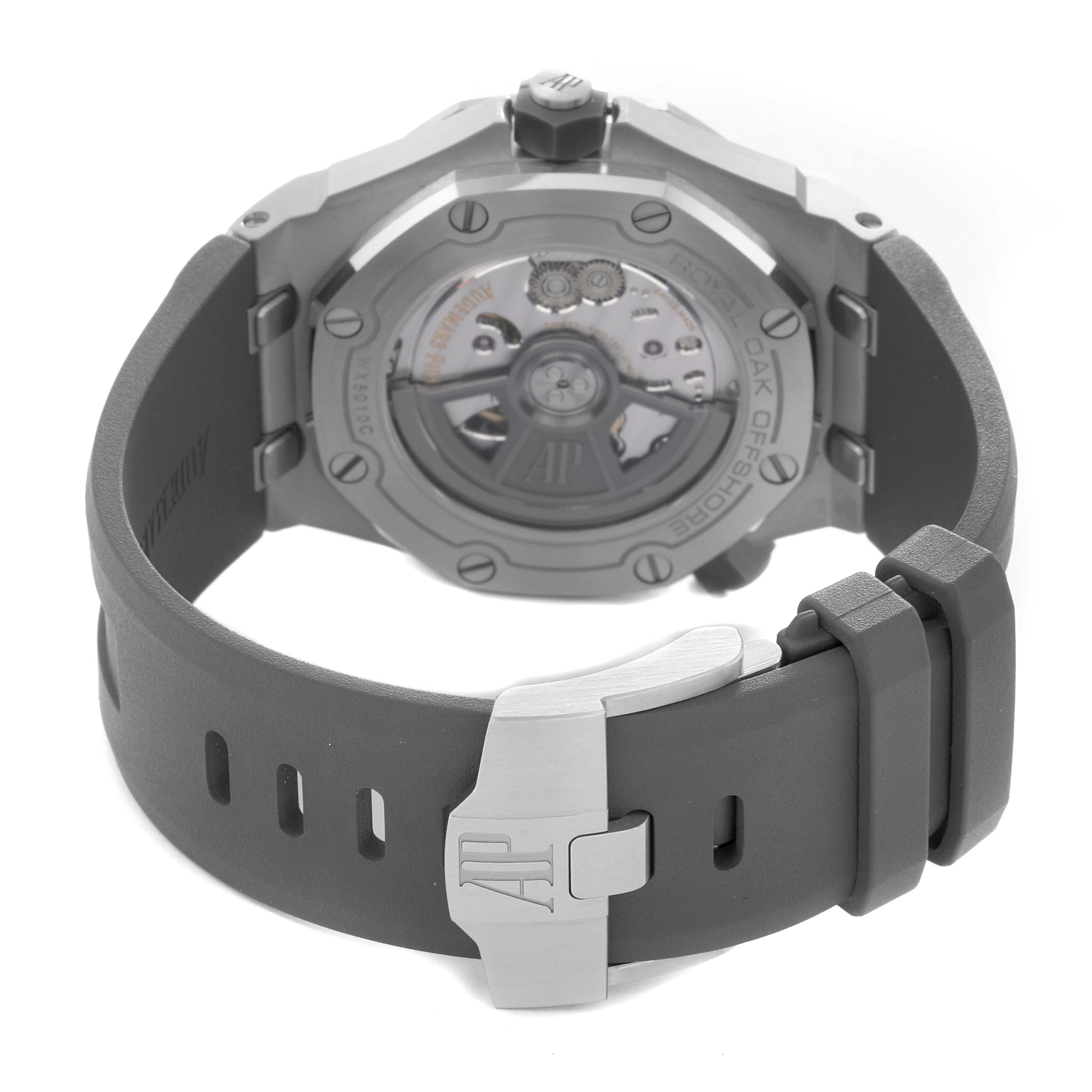 The image shows the back of the Audemars Piguet Royal Oak Offshore 15720ST Men
s Stainless Steel Green Dial 15720ST Men
s Stainless Steel Green Dial, with the strap and clasp visible.