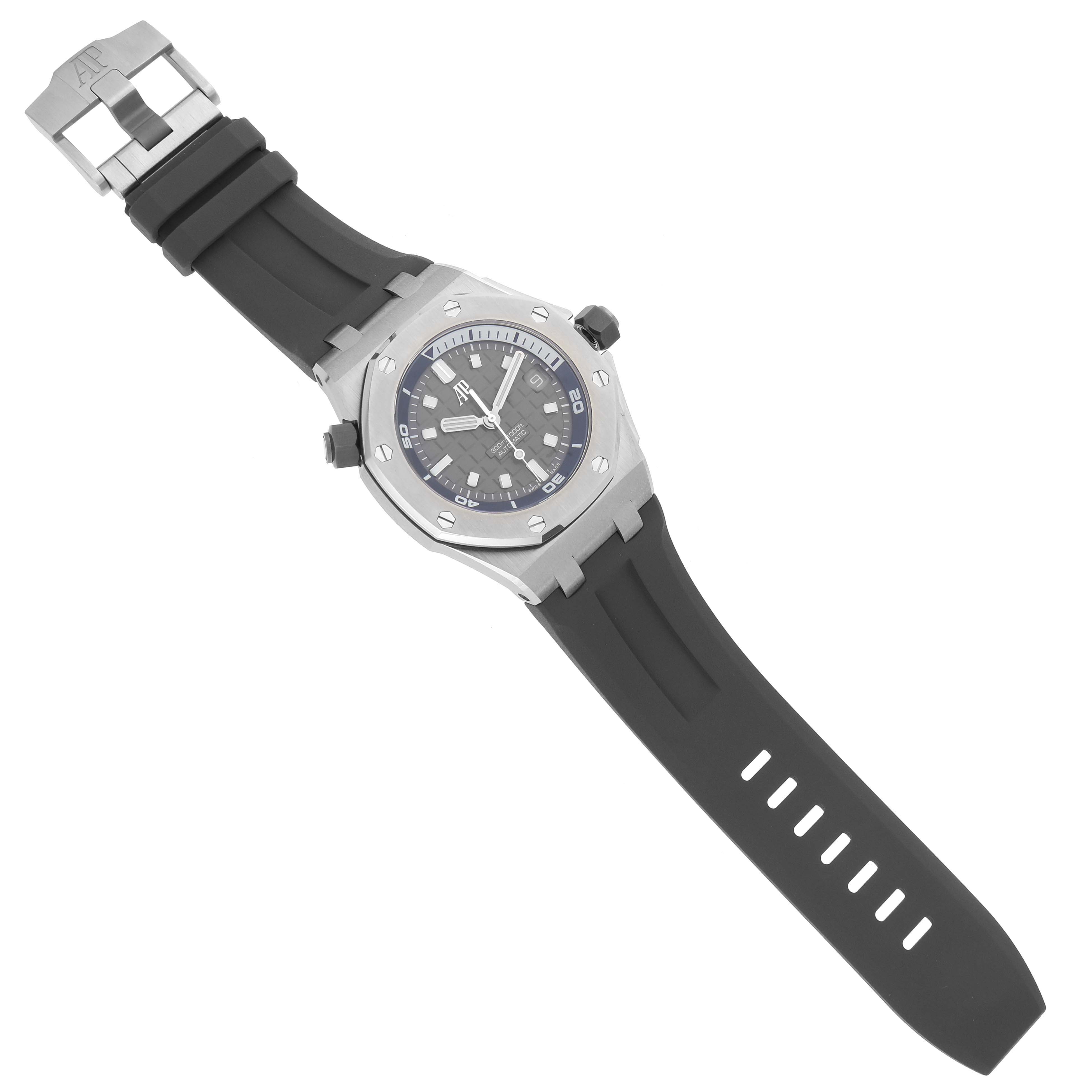 The Royal Oak Offshore by Audemars Piguet is shown from a top-down angle, highlighting the face, bezel, and strap.