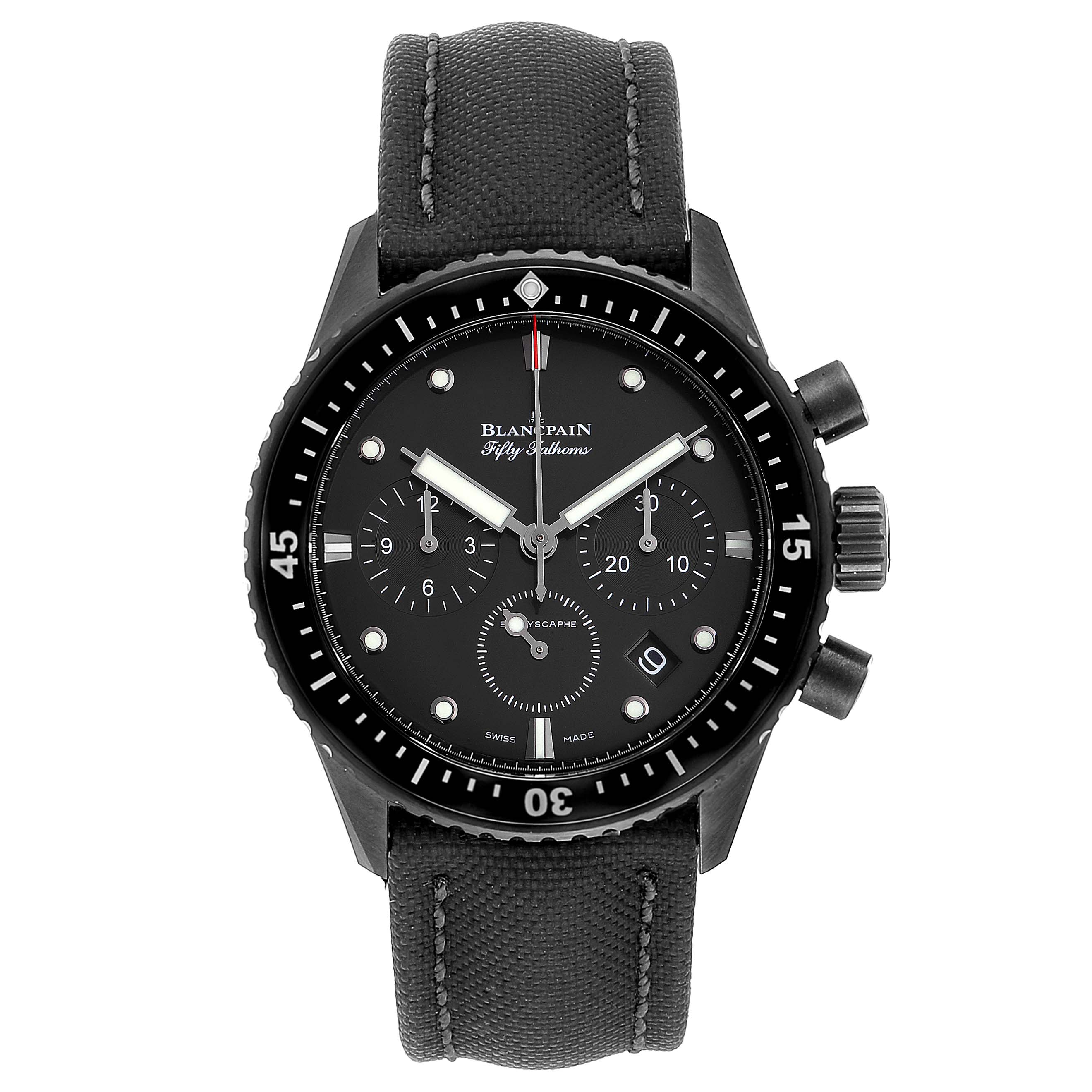 The image shows a Blancpain Fifty Fathoms 5200-0130-B52A Men's Stainless Steel Black Dial 5200-0130-B52A Men's Stainless Steel Black Dial watch from a front view, showcasing the face, bezel, buttons, and strap.