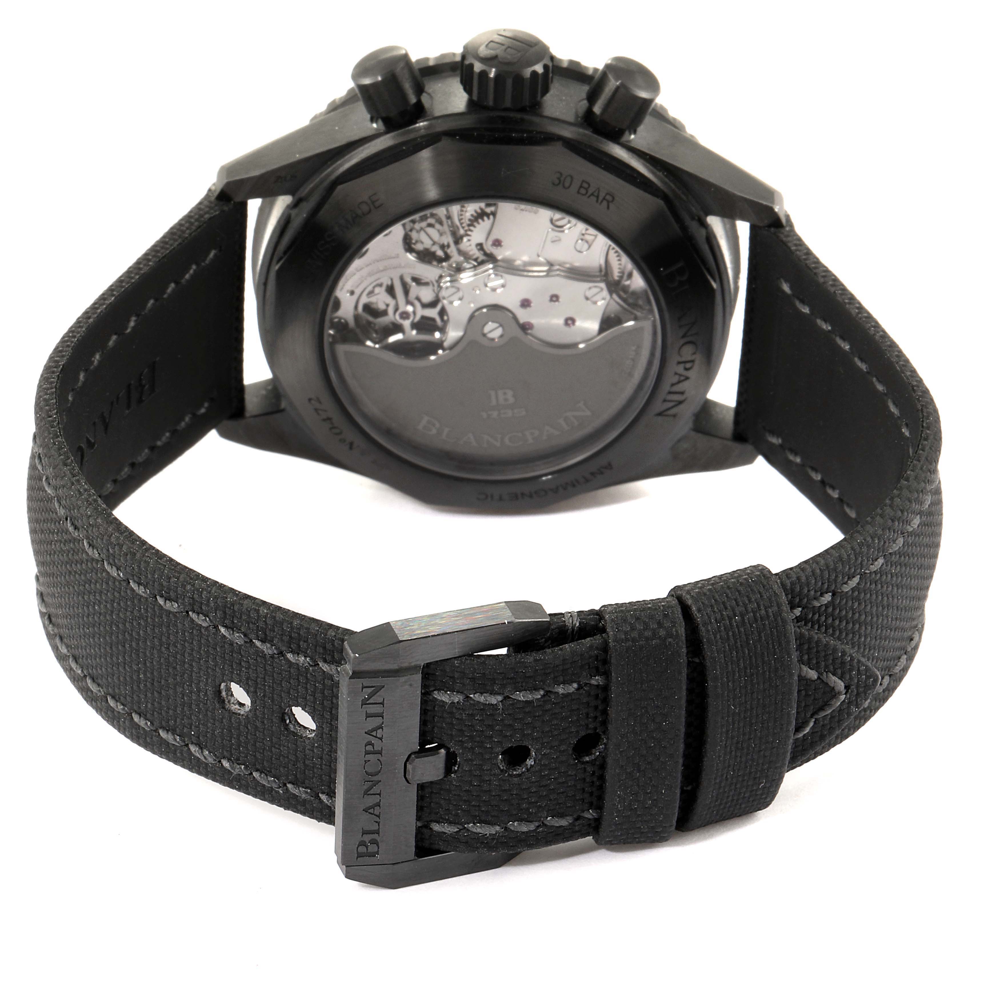 The image shows the back view and partial strap of the Blancpain Fifty Fathoms 5200-0130-B52A Men's Stainless Steel Black Dial 5200-0130-B52A Men's Stainless Steel Black Dial watch, highlighting its buckle and visible internal mechanism.