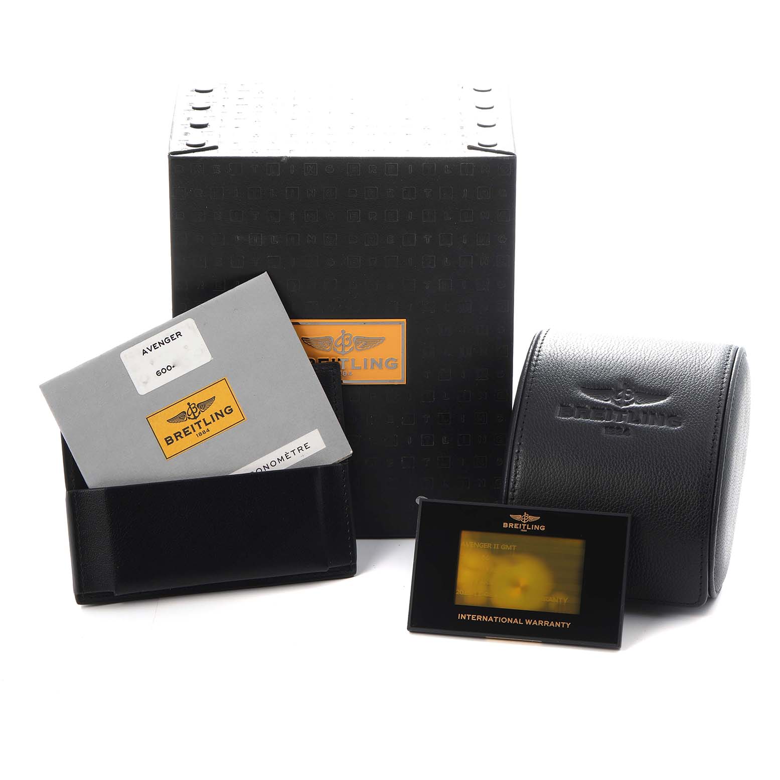 The image shows Breitling Avenger A3239011/C872 Men's Stainless Steel Blue Dial A3239011/C872 Men's Stainless Steel Blue Dial packaging, manuals, and warranty card, with a black watch case in a standing position.