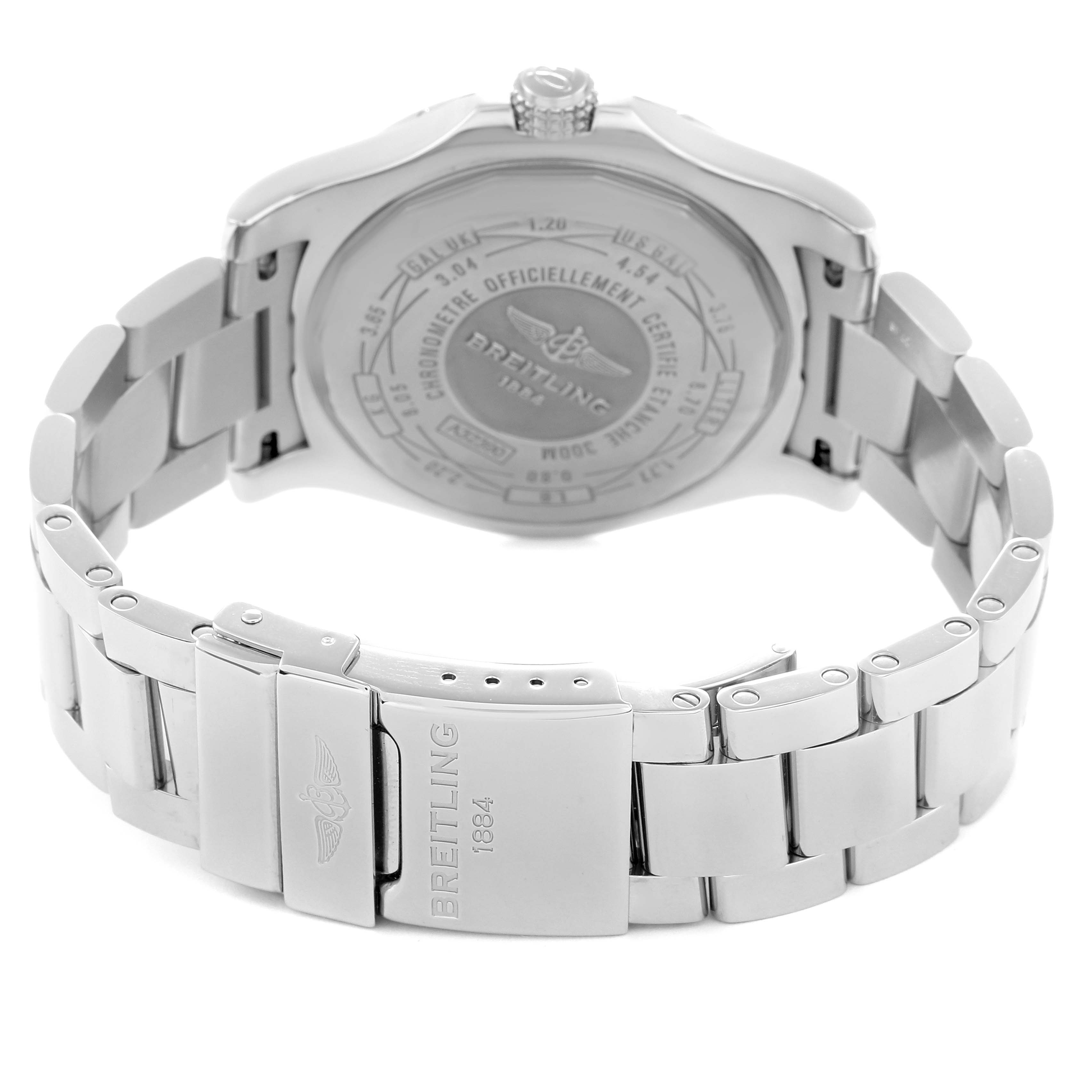 The image shows the back and clasp of a Breitling Avenger A3239011/C872 Men's Stainless Steel Blue Dial A3239011/C872 Men's Stainless Steel Blue Dial watch, highlighting the case back and stainless steel bracelet.