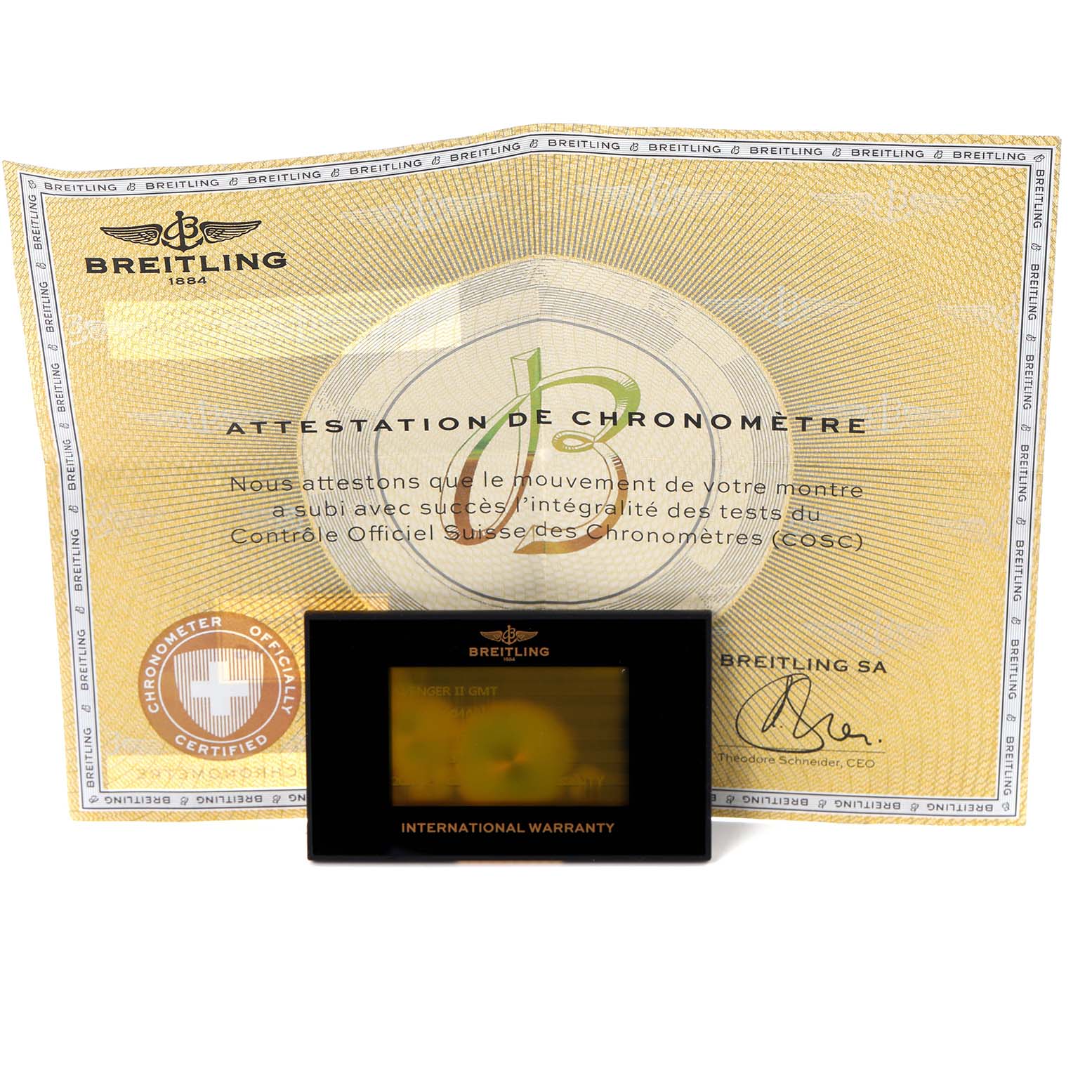 The image shows a Breitling Avenger A3239011/C872 Men's Stainless Steel Blue Dial A3239011/C872 Men's Stainless Steel Blue Dial's chronometer certificate and international warranty card.