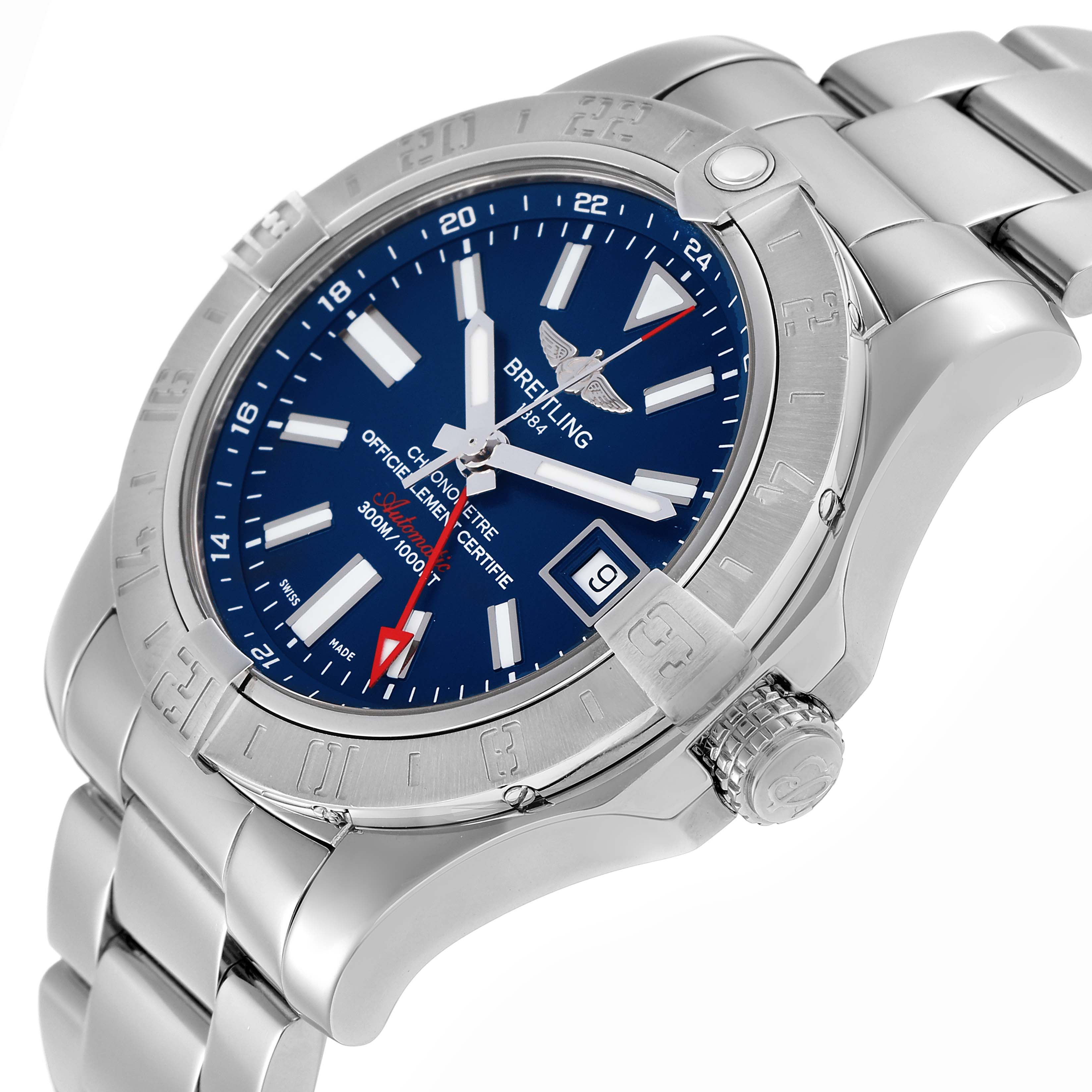 The Breitling Avenger A3239011/C872 Men's Stainless Steel Blue Dial A3239011/C872 Men's Stainless Steel Blue Dial watch is shown at an angle highlighting its blue dial, bezel, crown, and metal bracelet.