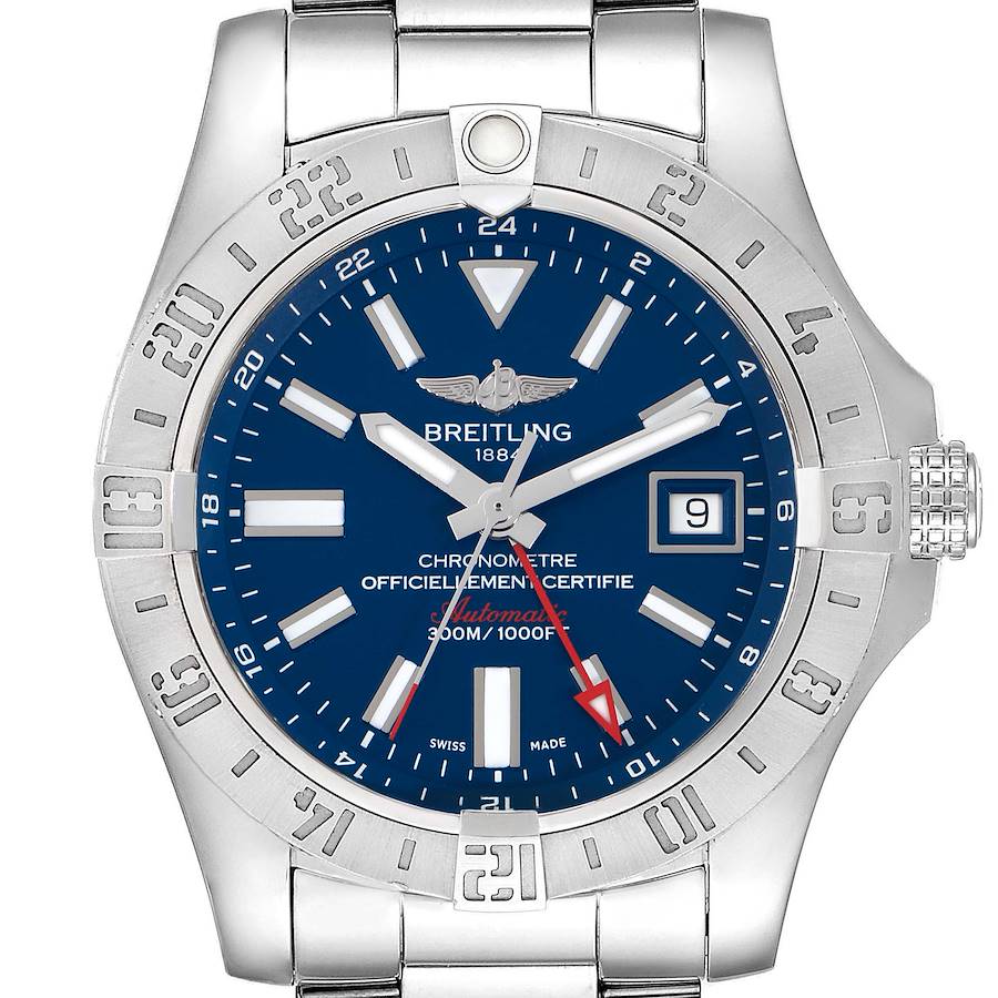 The Breitling Avenger watch is shown from the front, displaying the dial, bezel, and part of the bracelet.