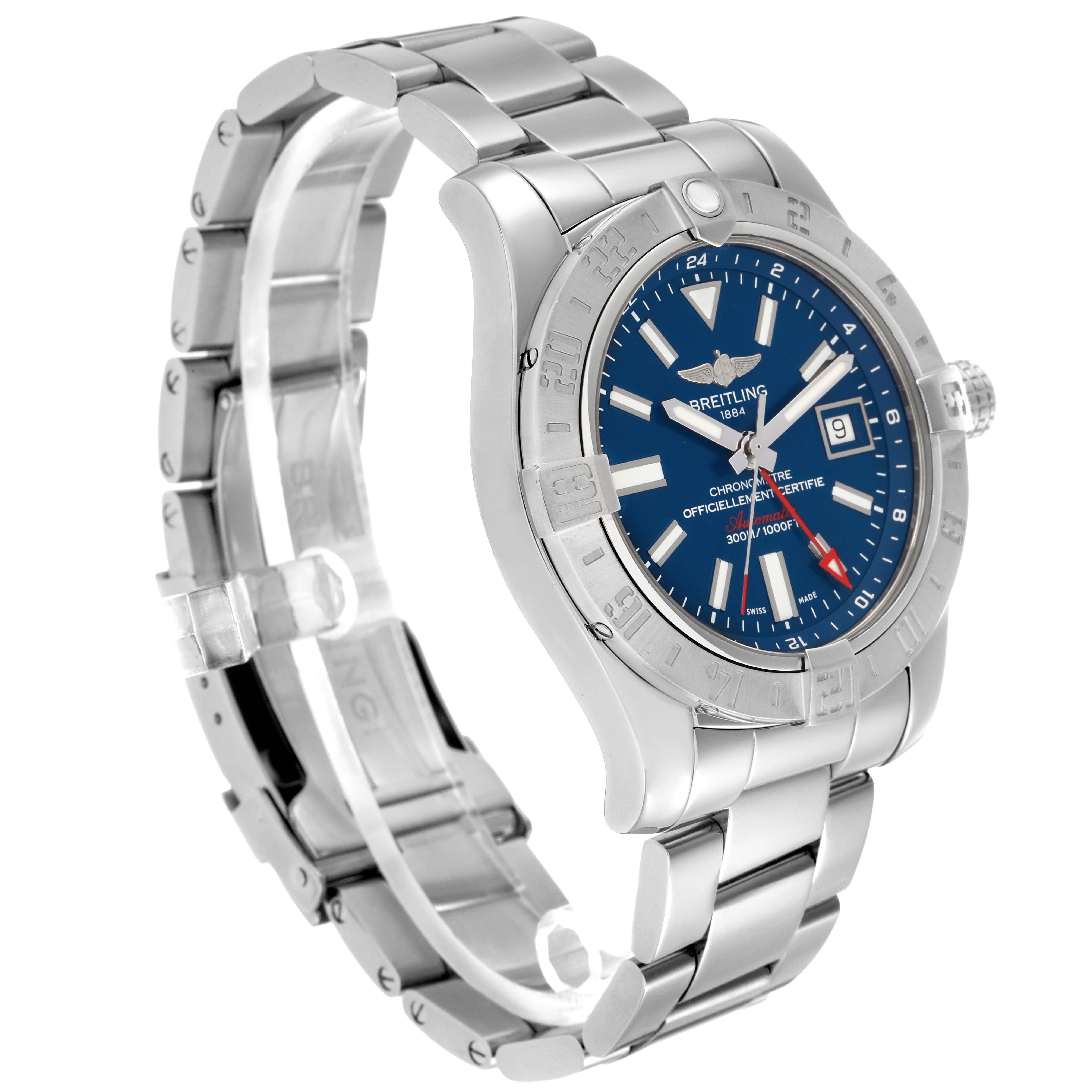 The Breitling Avenger A3239011/C872 Men's Stainless Steel Blue Dial A3239011/C872 Men's Stainless Steel Blue Dial watch is shown at a three-quarter angle, displaying the face, bezel, and metal bracelet clearly.