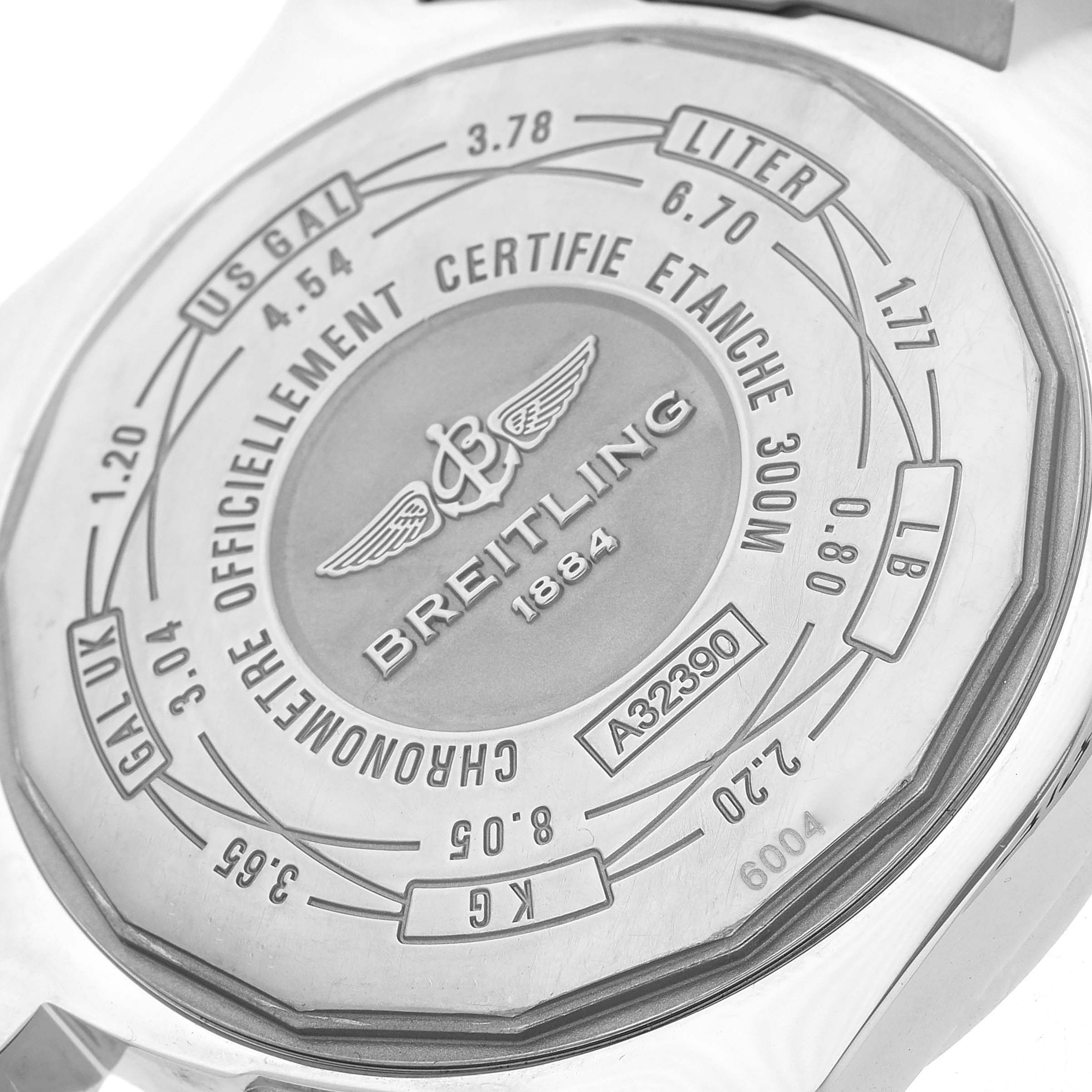 The image shows the back casing of the Breitling Avenger A3239011/C872 Men's Stainless Steel Blue Dial A3239011/C872 Men's Stainless Steel Blue Dial watch, featuring engraved specifications and the brand logo.