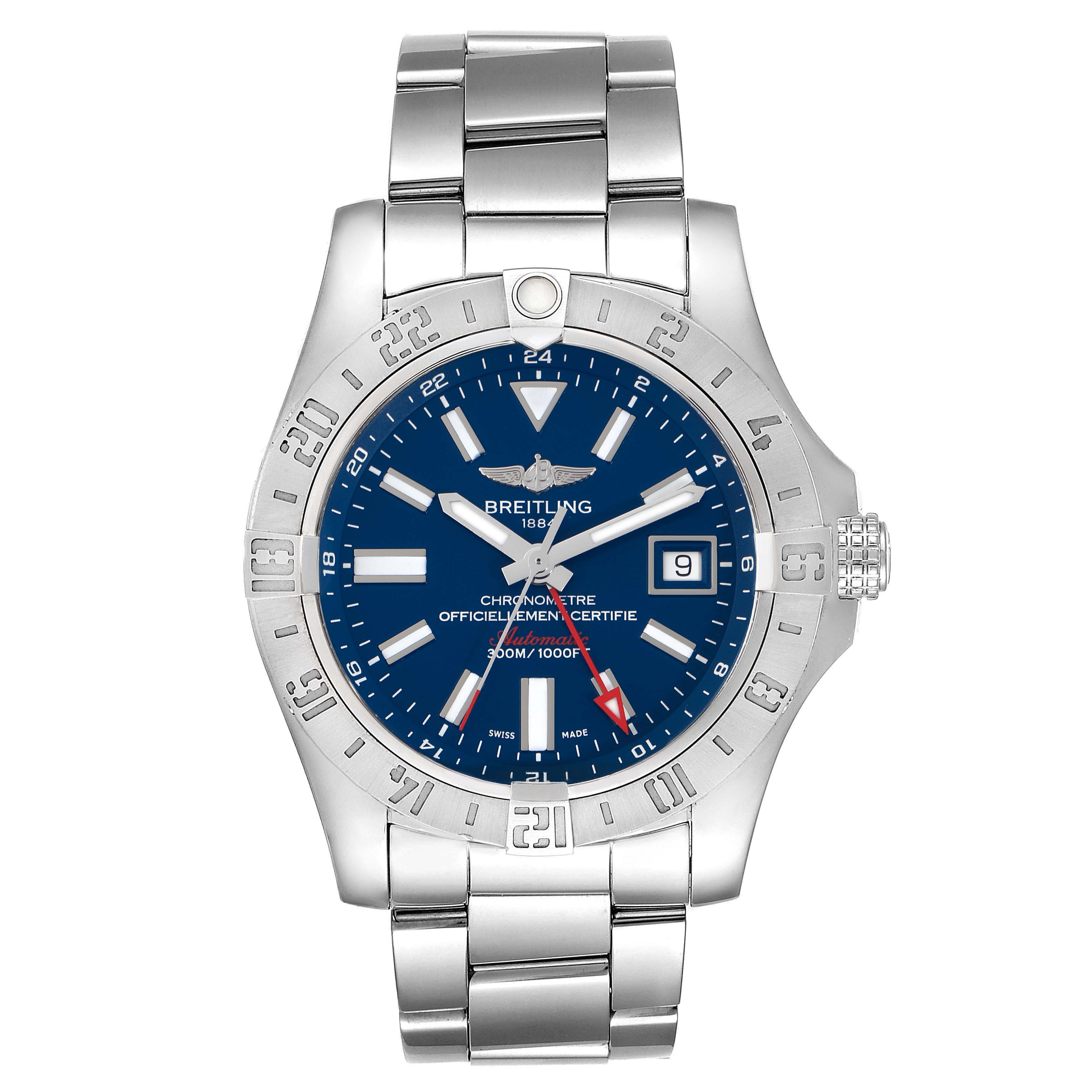 The Breitling Avenger A3239011/C872 Men's Stainless Steel Blue Dial A3239011/C872 Men's Stainless Steel Blue Dial is shown from a front-facing angle, displaying the watch face, bezel, crown, and bracelet.