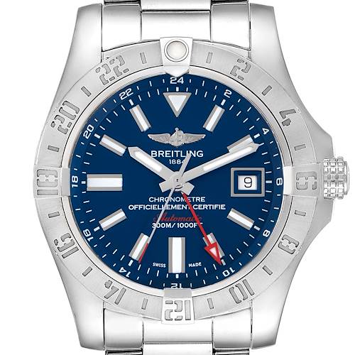The Breitling Avenger watch is shown from the front, displaying the face, bezel, and part of the bracelet.