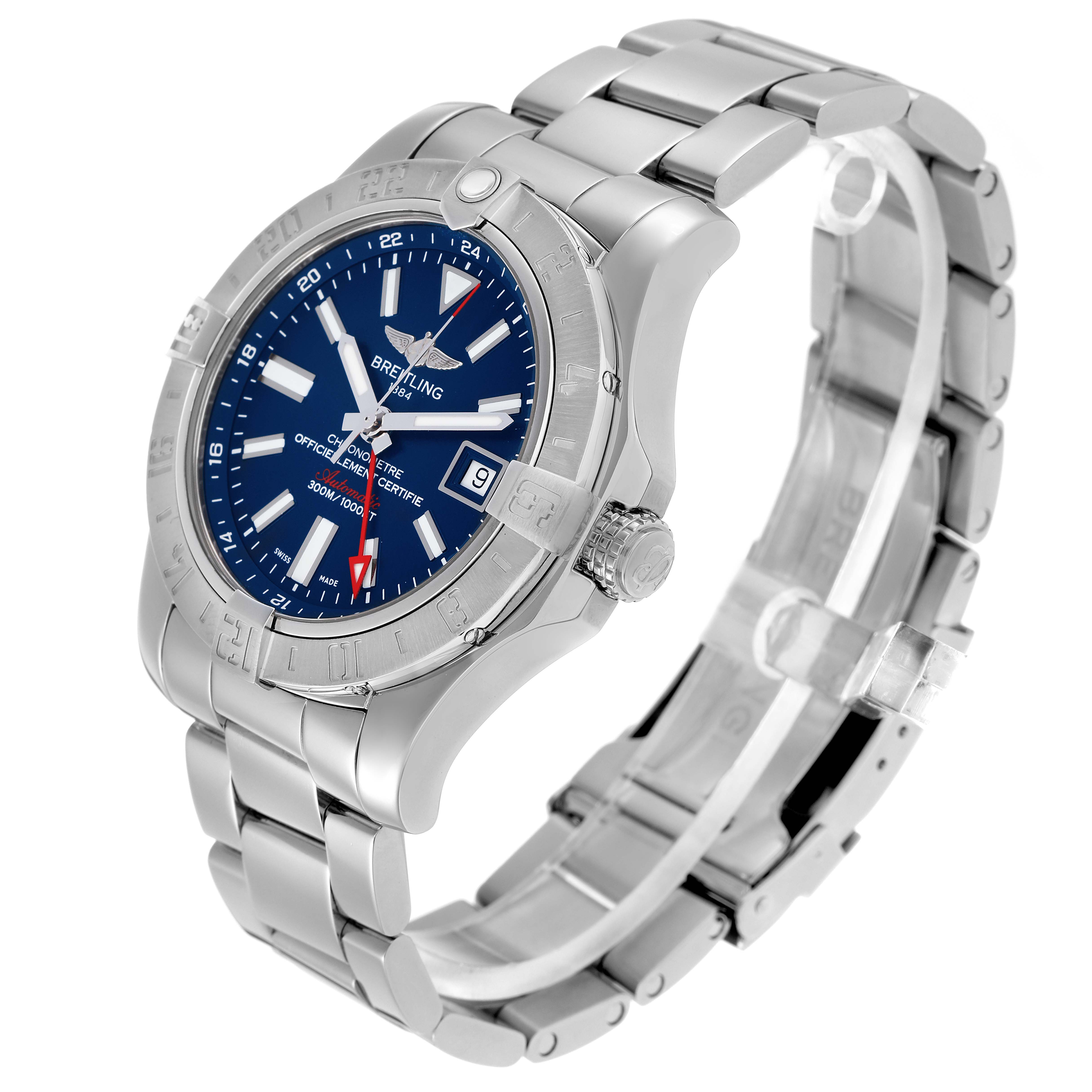 The Breitling Avenger A3239011/C872 Men's Stainless Steel Blue Dial A3239011/C872 Men's Stainless Steel Blue Dial watch is shown from a three-quarter angle, highlighting the dial, bezel, crown, and metal bracelet.