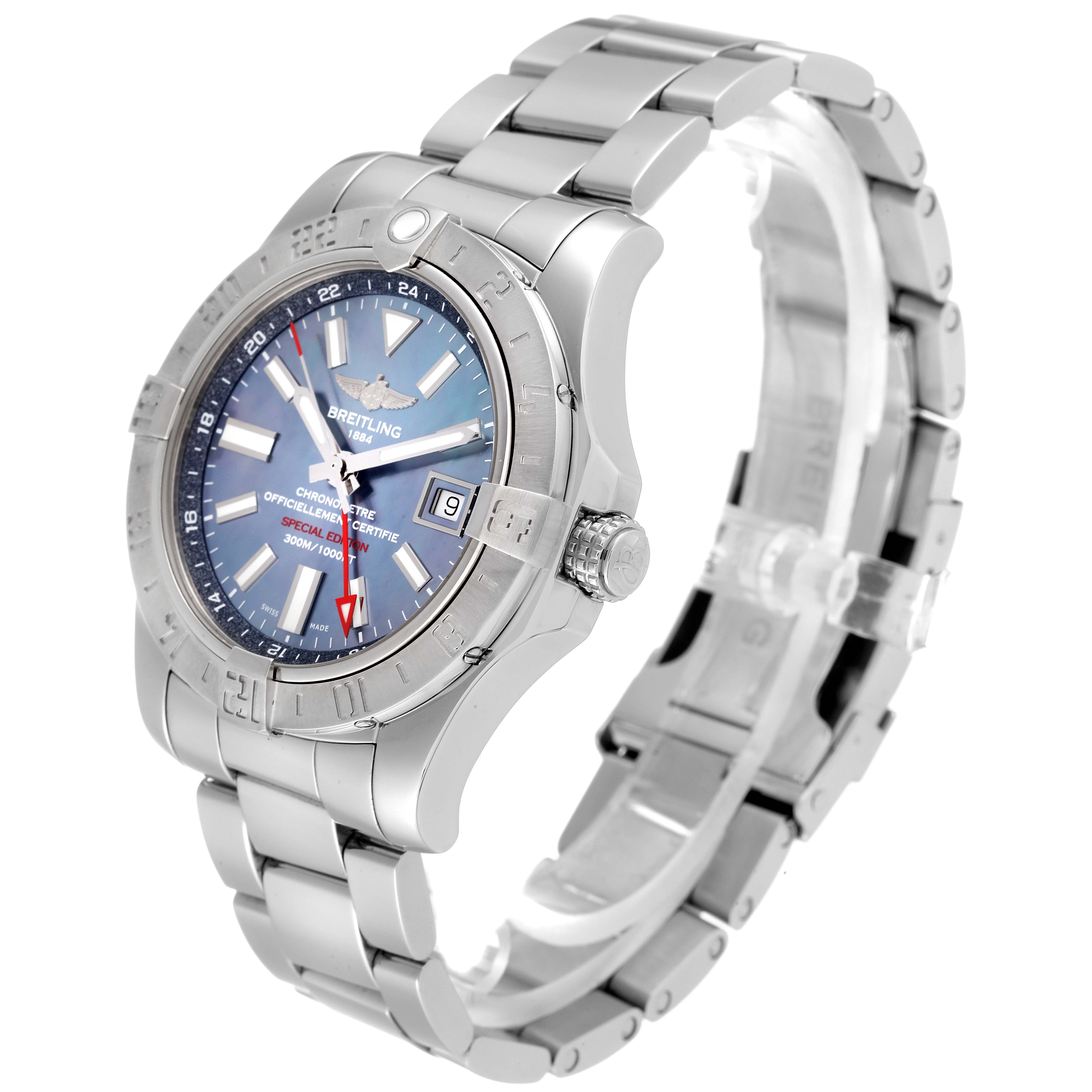 The Breitling Avenger A3239011-C872-170A Men
s Stainless Steel Mother of Pearl Dial A3239011-C872-170A Men
s Stainless Steel Mother of Pearl Dial watch is shown at a three-quarter angle, highlighting its metal bracelet and blue dial with a date window.