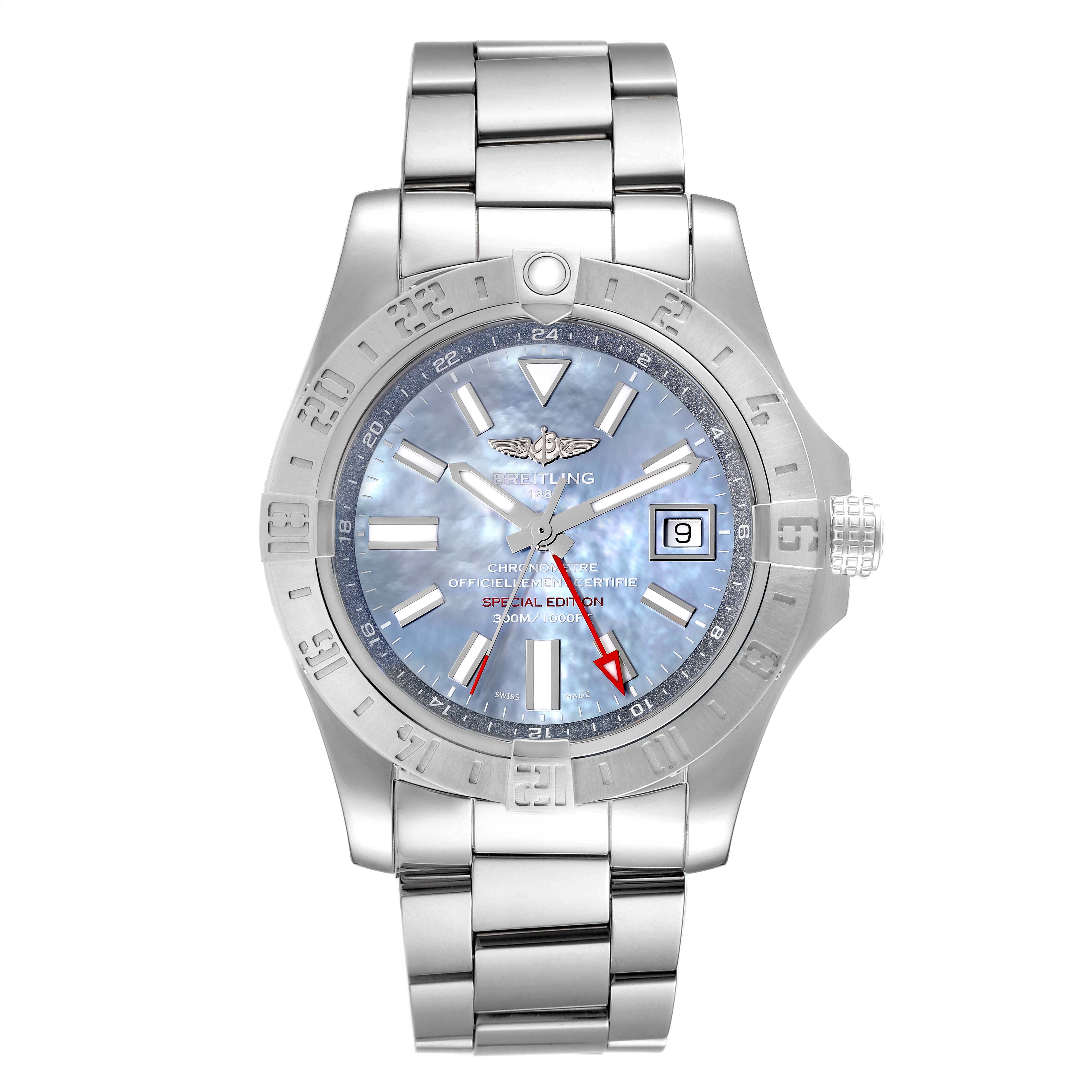The image shows a front view of a Breitling Avenger A3239011-C872-170A Men
s Stainless Steel Mother of Pearl Dial A3239011-C872-170A Men
s Stainless Steel Mother of Pearl Dial watch, displaying the dial, bezel, and stainless steel bracelet.