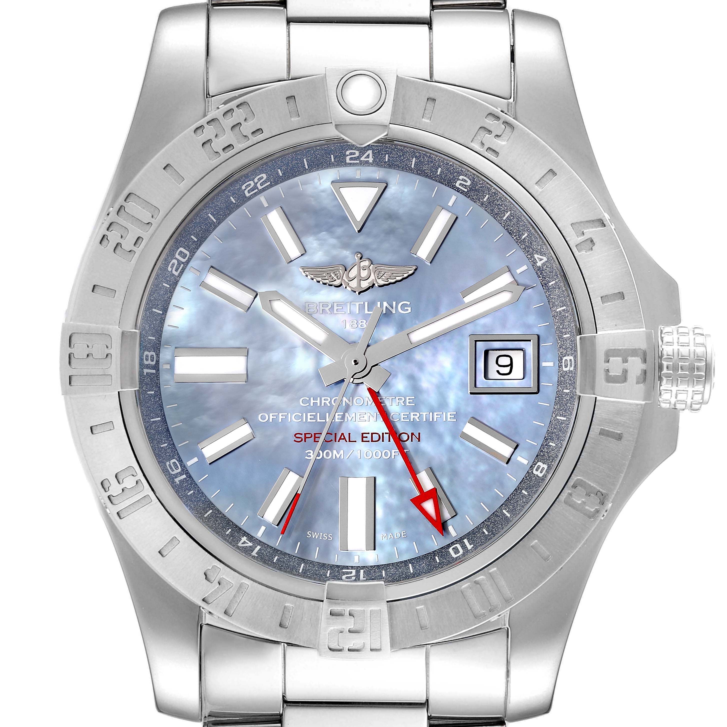 The Breitling Avenger A3239011-C872-170A Men
s Stainless Steel Mother of Pearl Dial A3239011-C872-170A Men
s Stainless Steel Mother of Pearl Dial watch is shown from a front angle, highlighting its dial, bezel, hands, date display, and part of the bracelet.