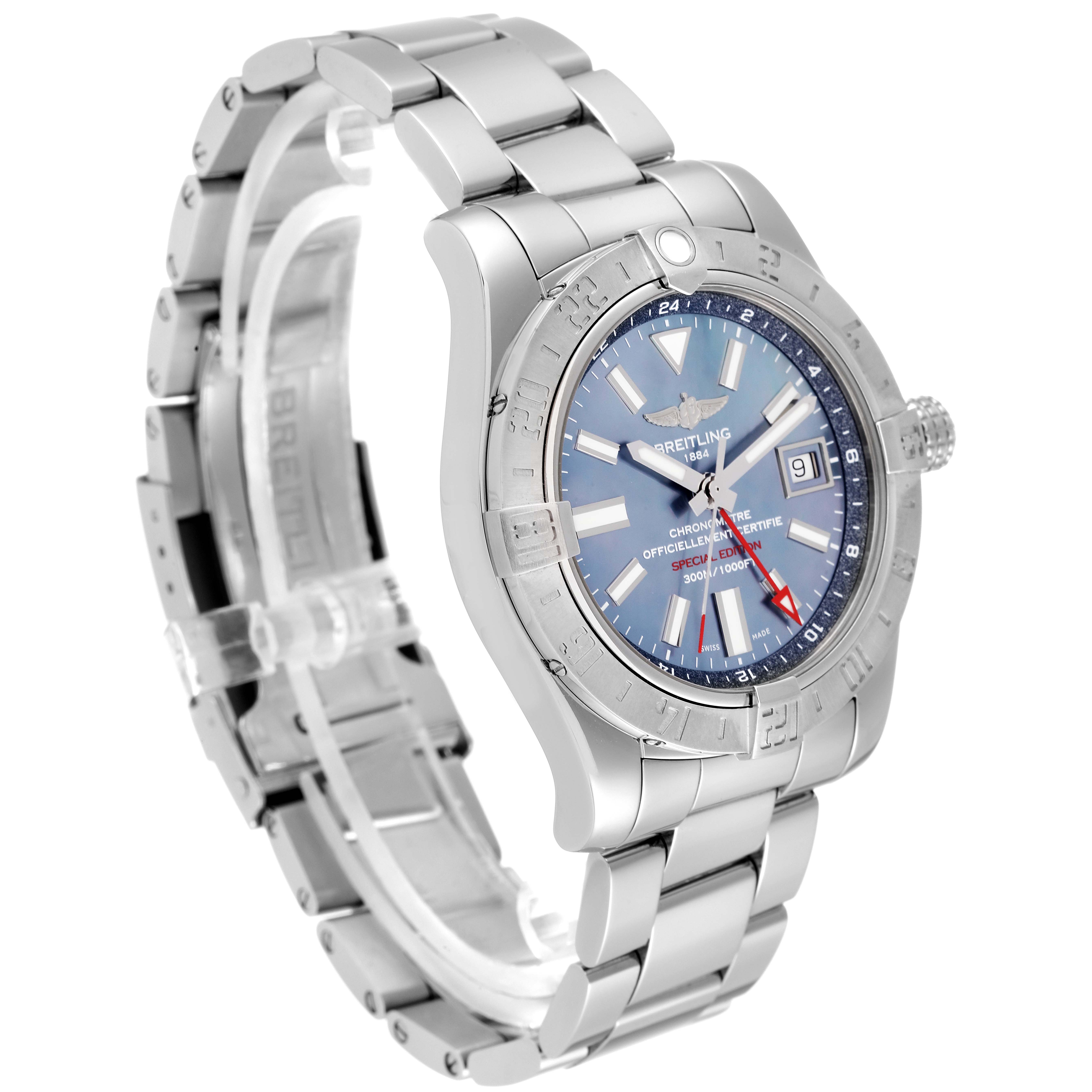 This image shows a Breitling Avenger A3239011-C872-170A Men
s Stainless Steel Mother of Pearl Dial A3239011-C872-170A Men
s Stainless Steel Mother of Pearl Dial watch at a three-quarter angle, displaying the face, bezel, and bracelet.