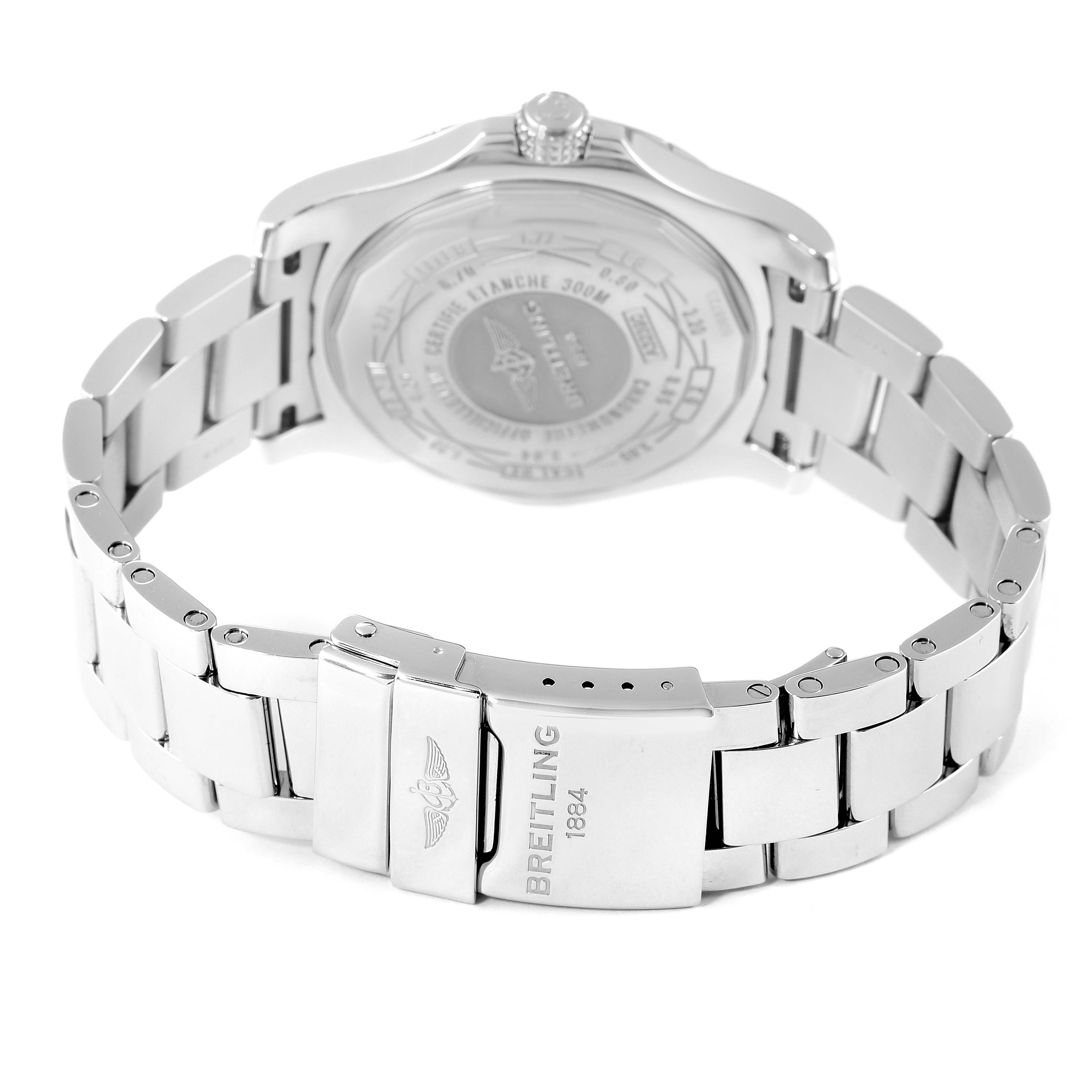 The image shows the back view of the Breitling Avenger A3239011-C872-170A Men
s Stainless Steel Mother of Pearl Dial A3239011-C872-170A Men
s Stainless Steel Mother of Pearl Dial watch, highlighting its stainless steel bracelet and clasp.