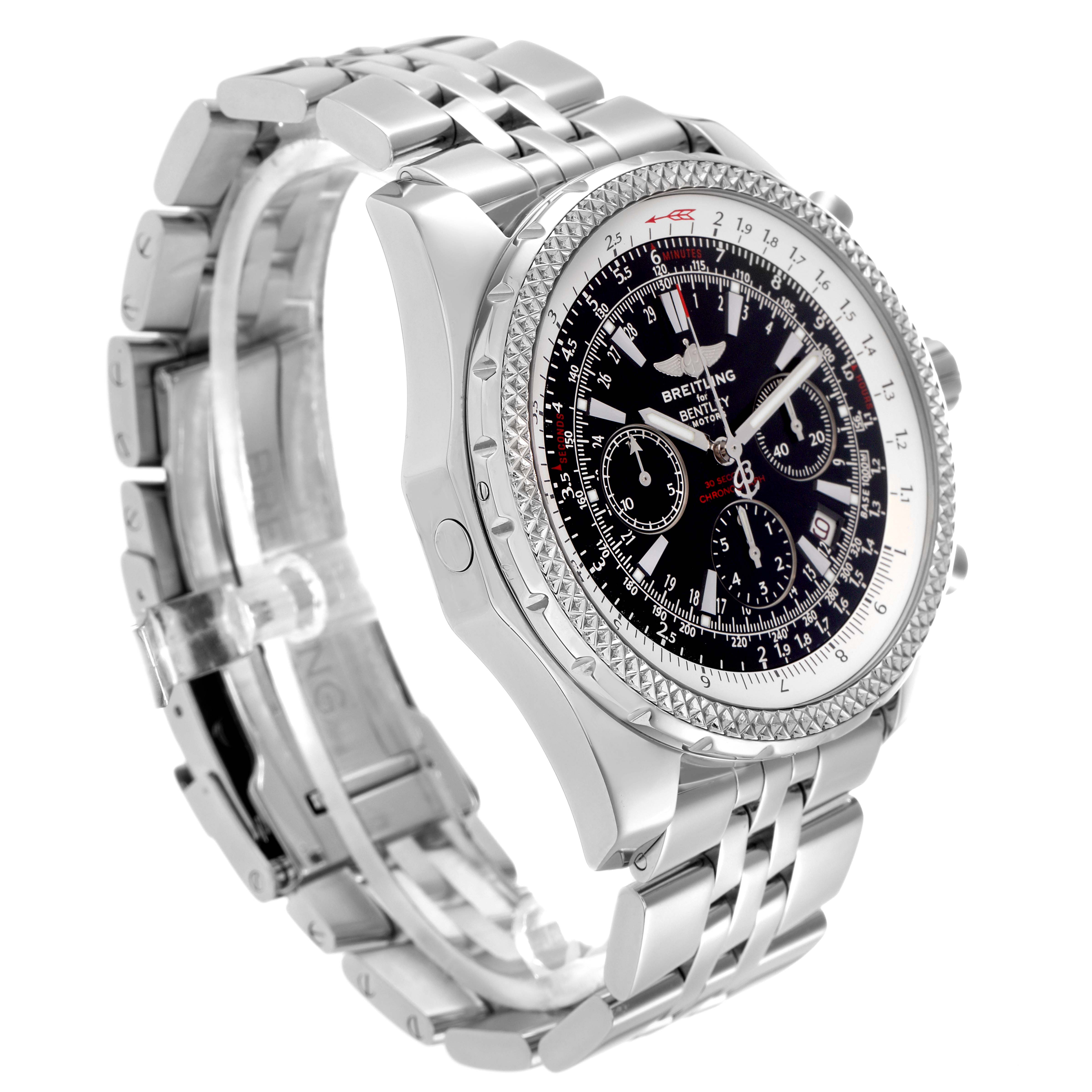 The Breitling Bentley A25362 Men
s Stainless Steel Black Dial A25362 Men
s Stainless Steel Black Dial watch is shown at a three-quarter angle, highlighting the face, bezel, and metal bracelet.