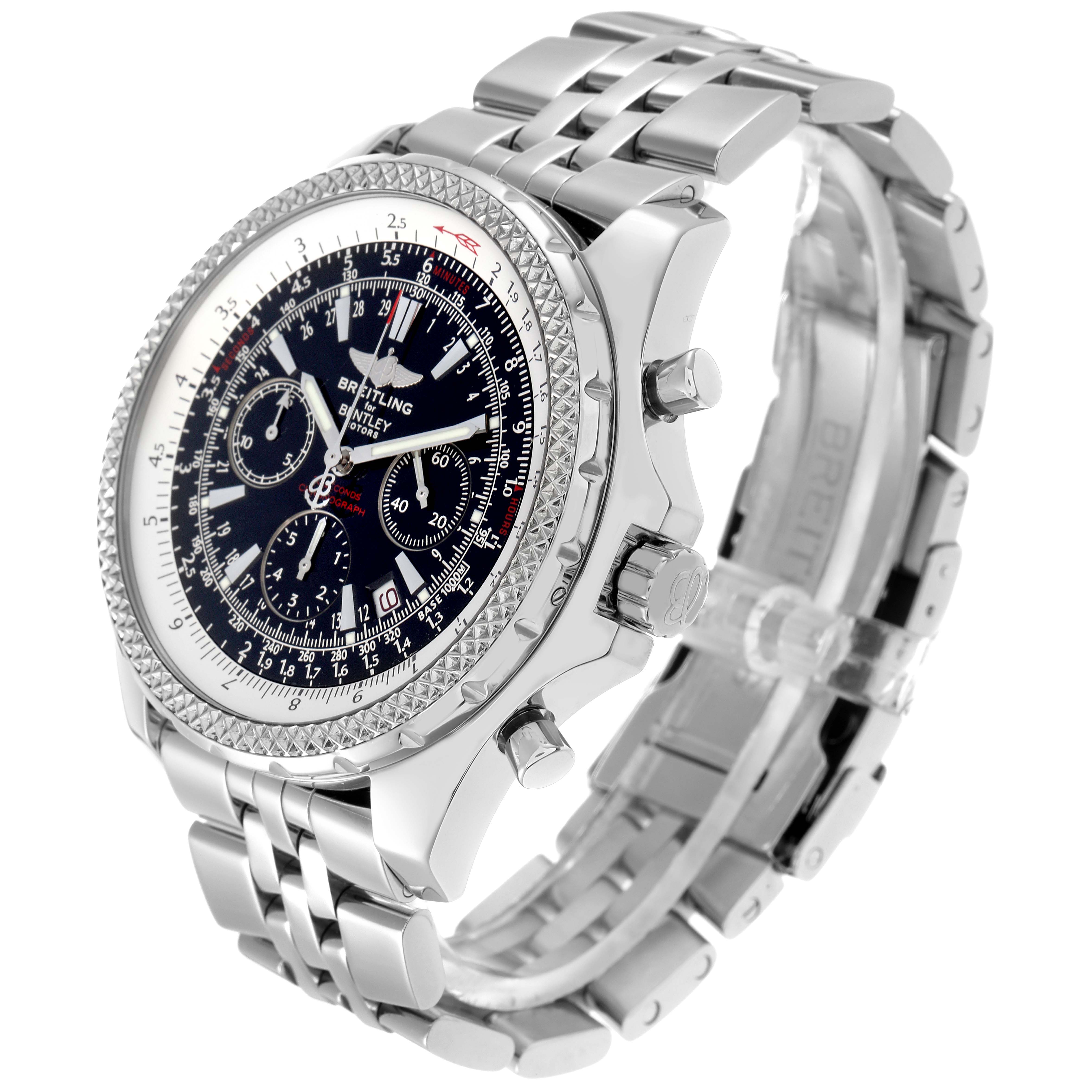 The Bentley by Breitling watch is shown at an angled side view, highlighting the dial, bezel, case, and bracelet.