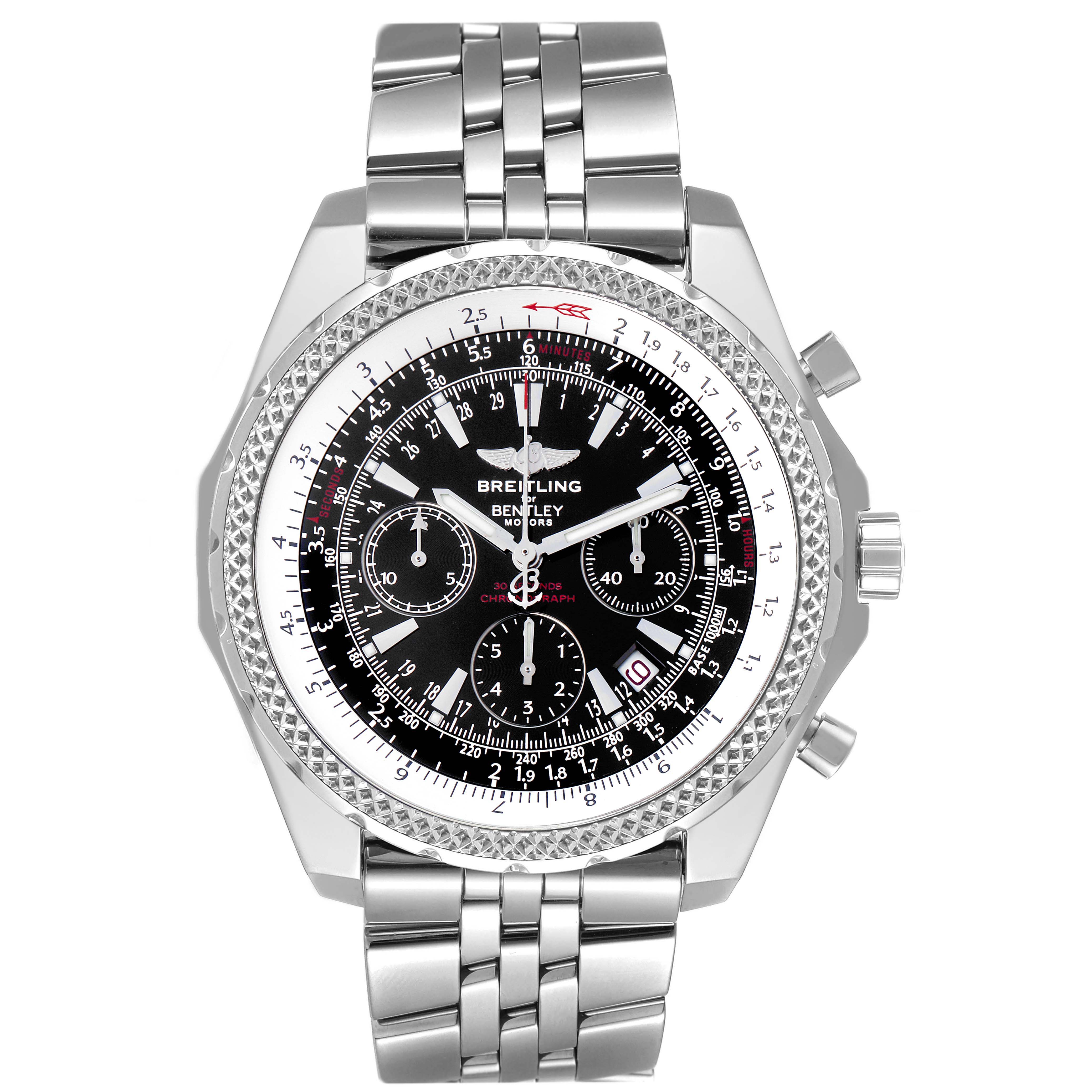 The Breitling Bentley A25362 Men
s Stainless Steel Black Dial A25362 Men
s Stainless Steel Black Dial watch is shown from the front, highlighting the face, bezel, subdials, and metal bracelet.