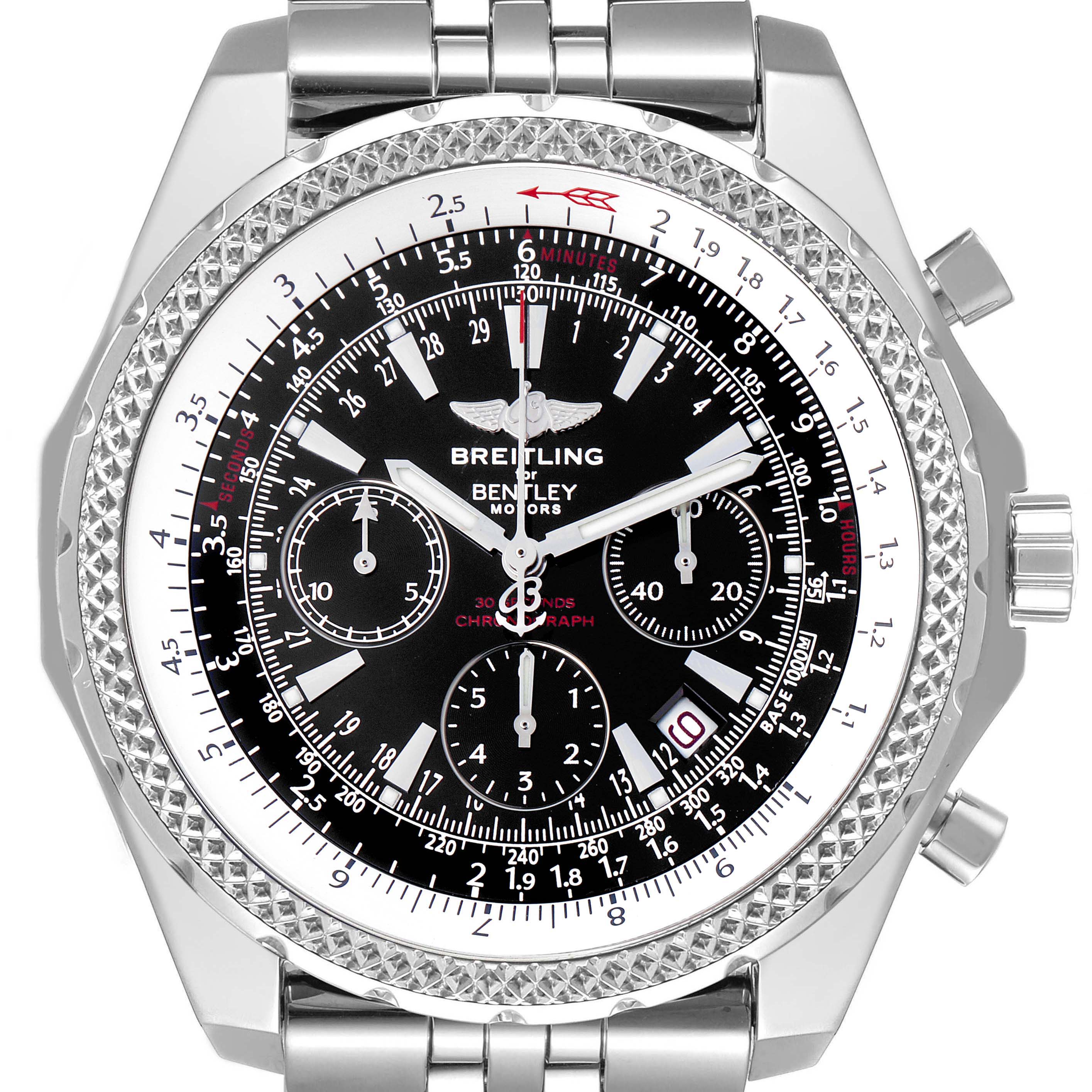 The Breitling Bentley A25362 Men
s Stainless Steel Black Dial A25362 Men
s Stainless Steel Black Dial watch is shown from a front angle, displaying the bezel, dial, crown, and bracelet.