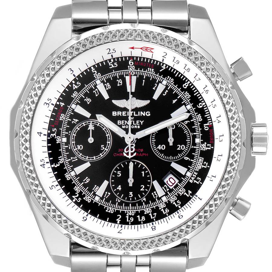 The Breitling Bentley watch is shown from a front angle, displaying the bezel, dial, crown, and bracelet.